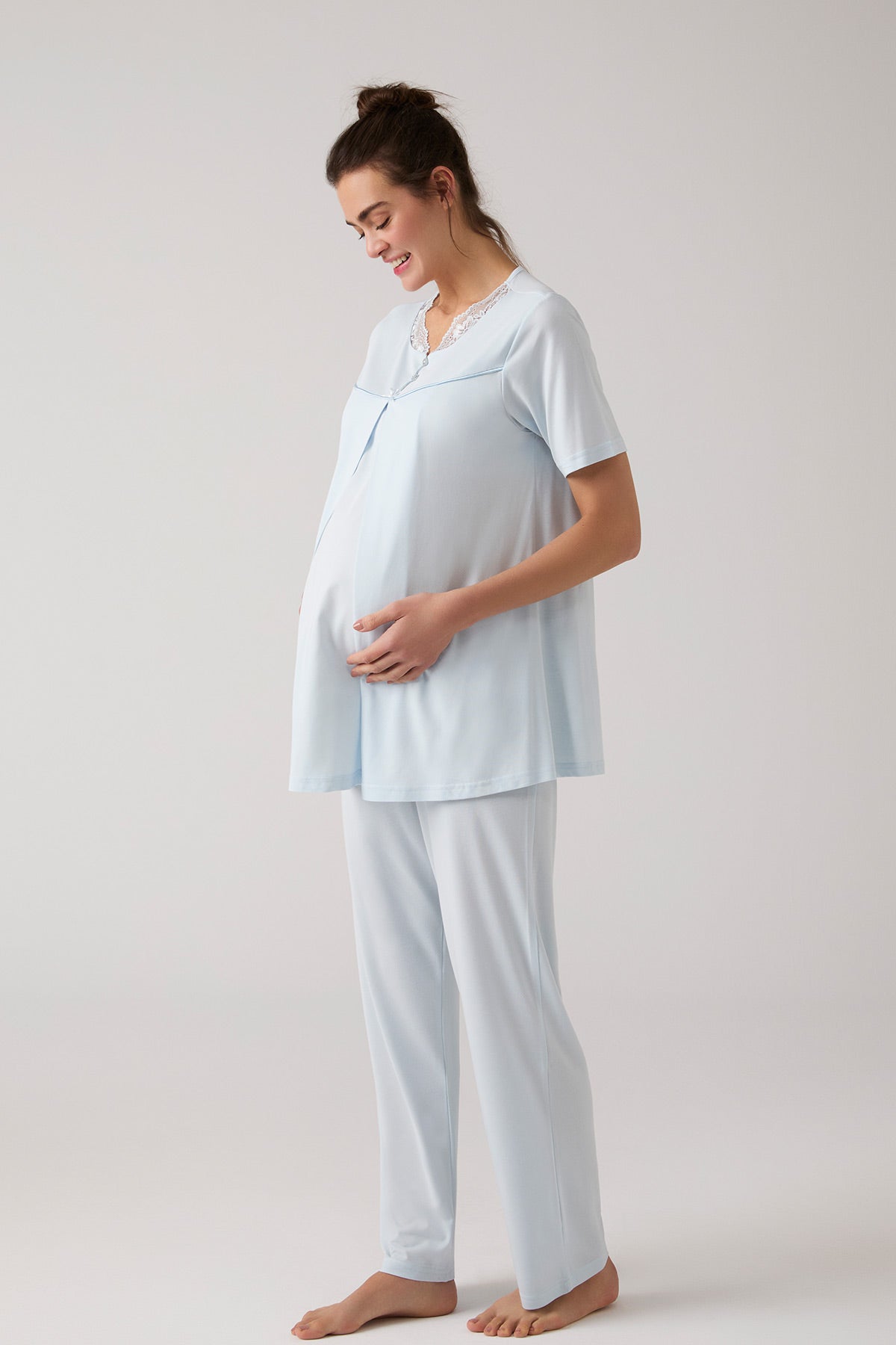 Lacy Hidden Breastfeeding Panel 3-Piece Maternity-Nursing Pajama & Robe Set Blue - 1020