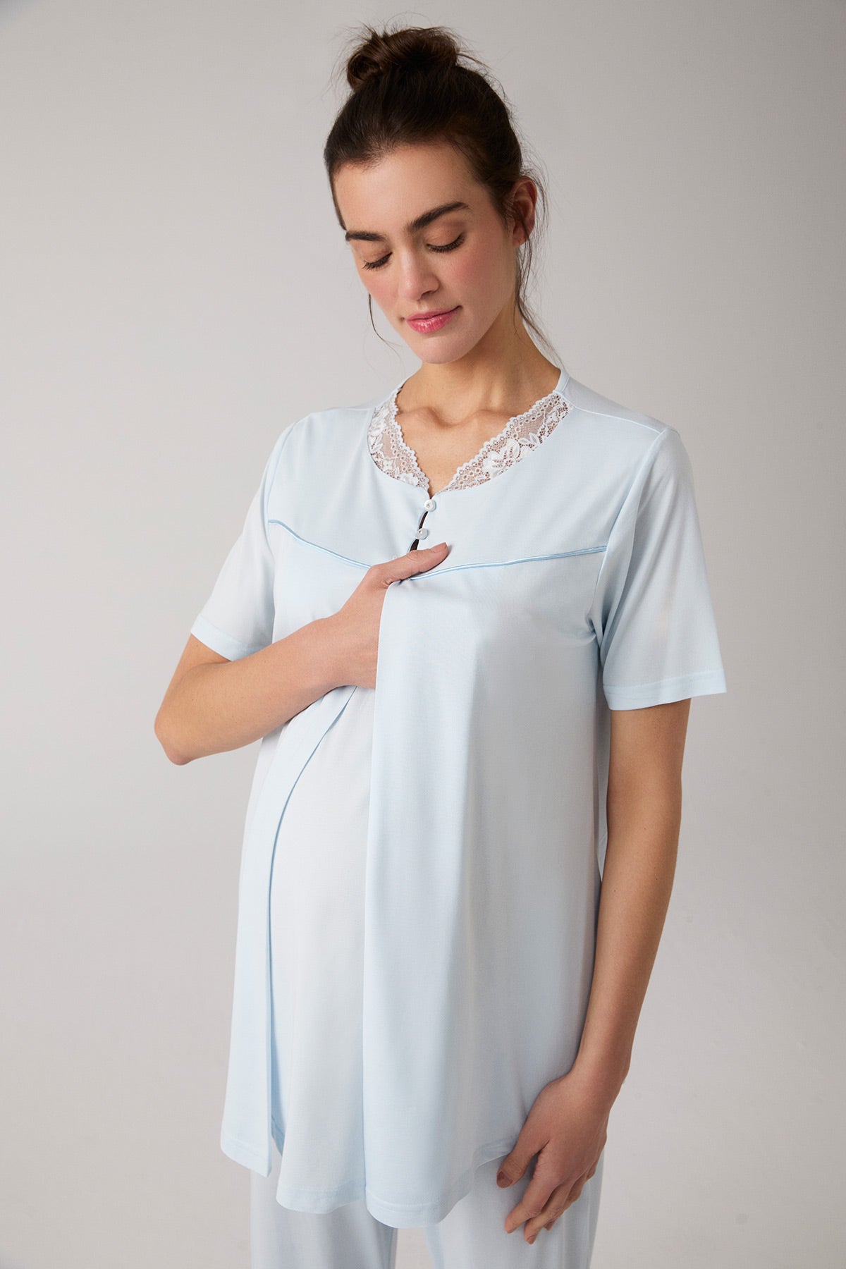 Lacy Hidden Breastfeeding Panel 3-Piece Maternity-Nursing Pajama & Robe Set Blue - 1020