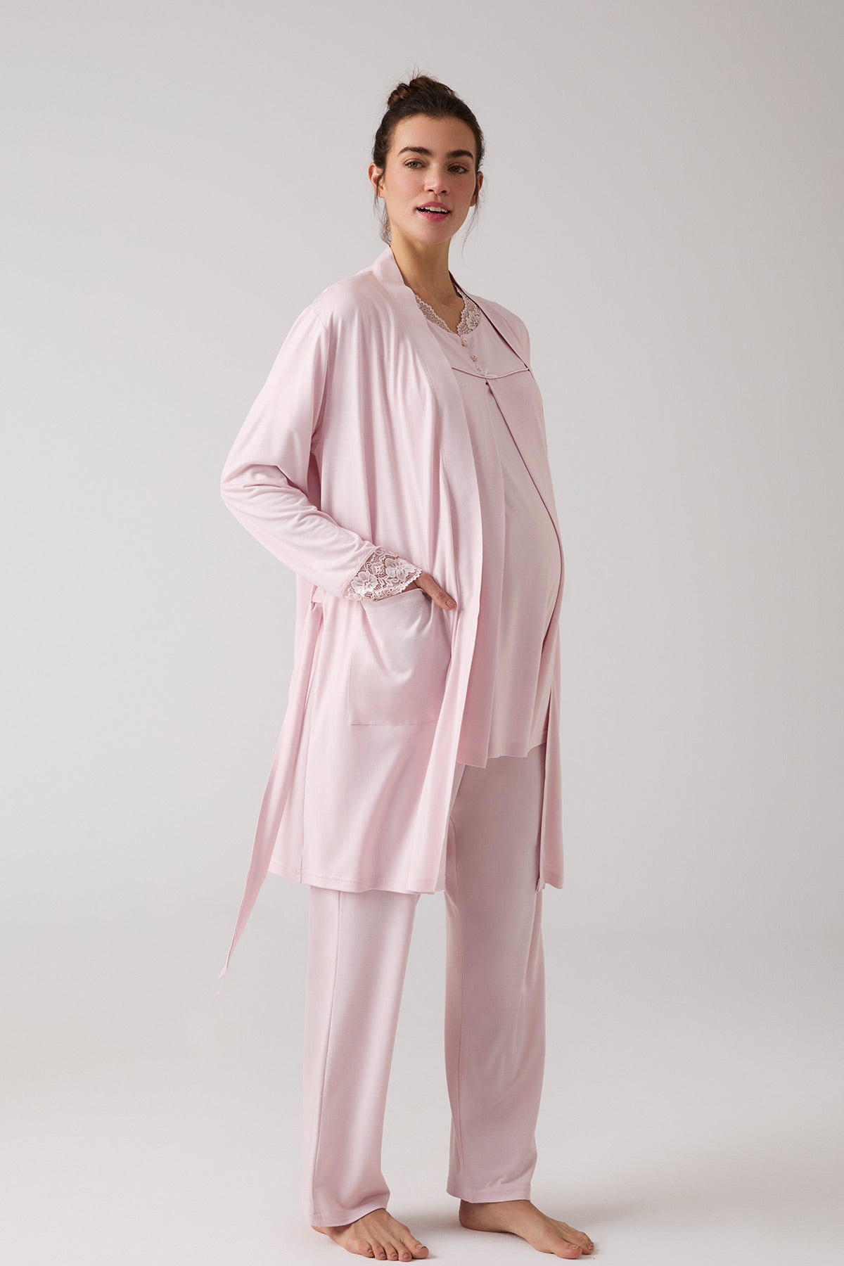 Lacy Hidden Breastfeeding Panel 3-Piece Maternity-Nursing Pajama & Robe Set Powder - 1020