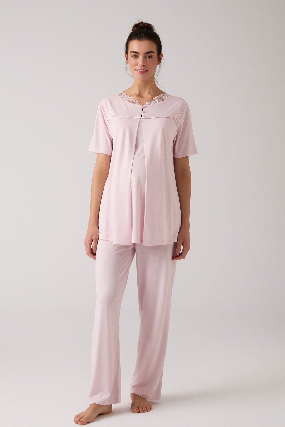 Lacy Hidden Breastfeeding Panel 3-Piece Maternity-Nursing Pajama & Robe Set Powder - 1020