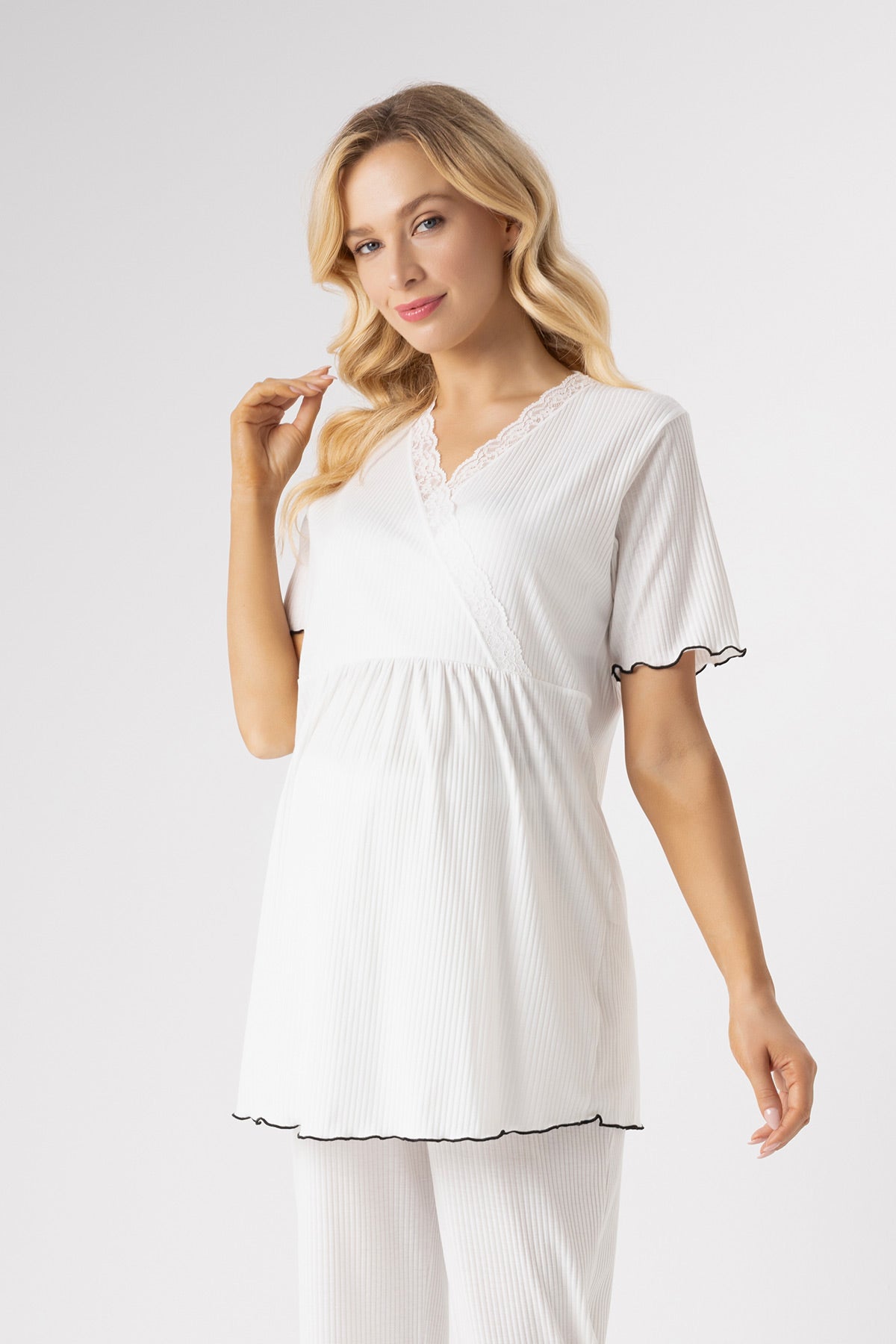 Lace Collar Maternity & Nursing Pajama Set Ecru - 1024