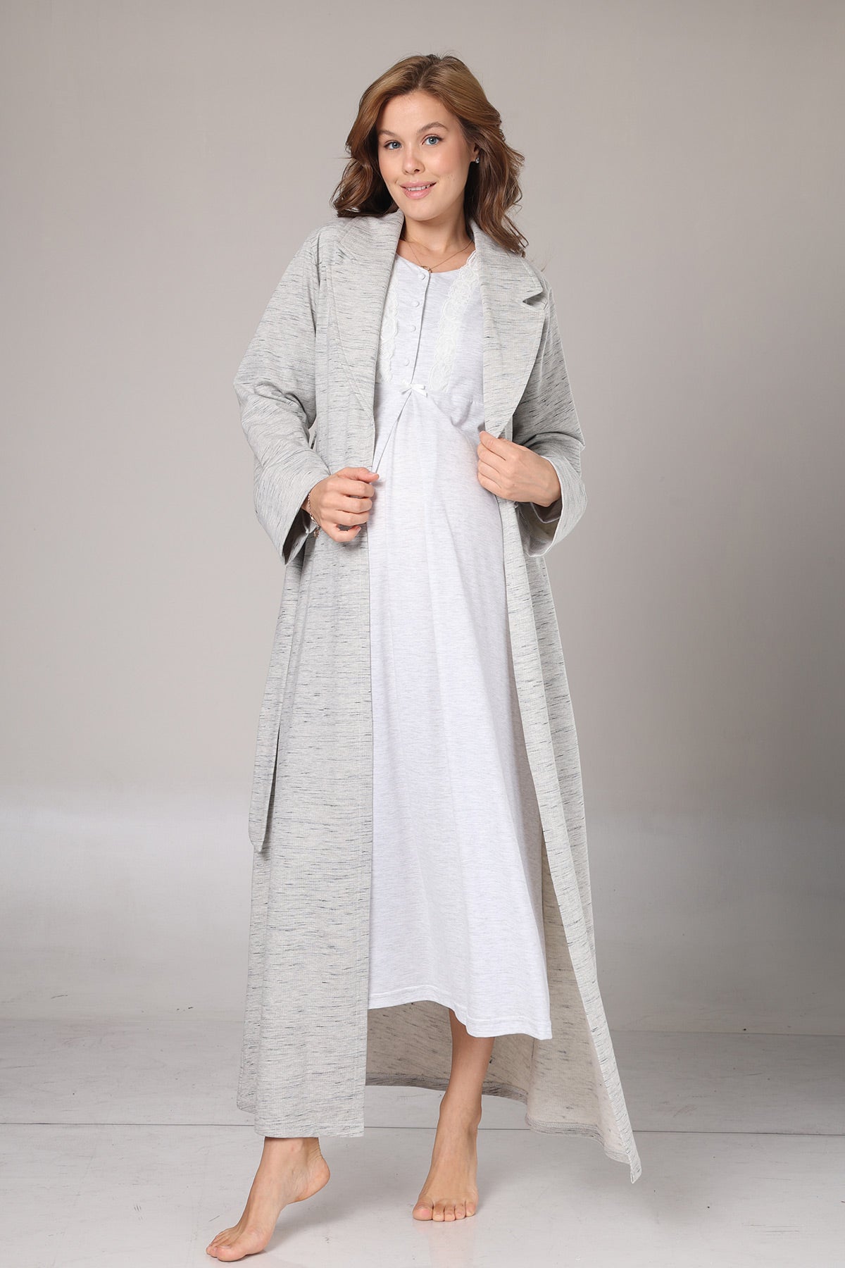 Lace Collar Maternity-Nursing Nightgown & Melange Robe Set Grey - 1021