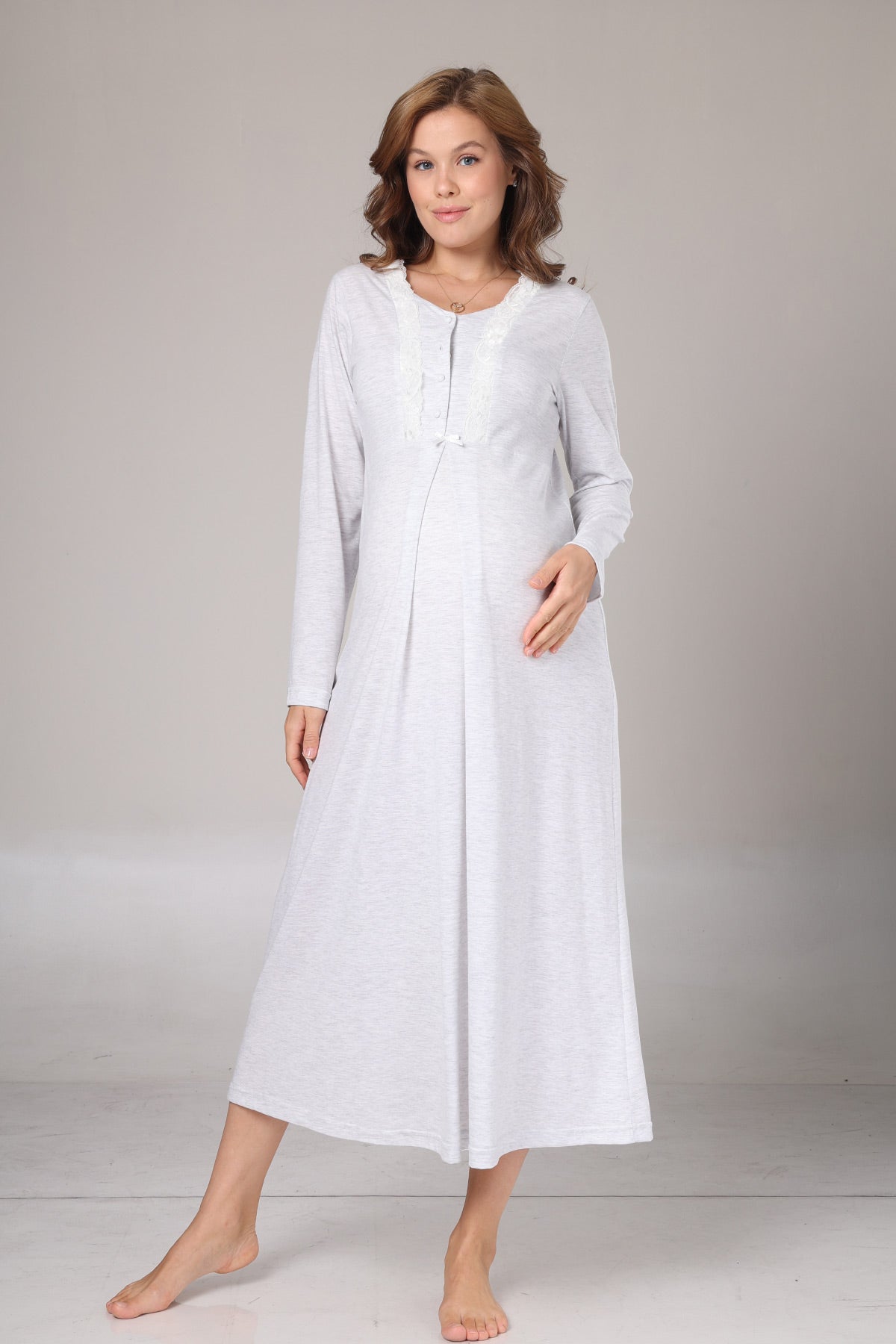Lace Collar Maternity-Nursing Nightgown & Melange Robe Set Grey - 1021