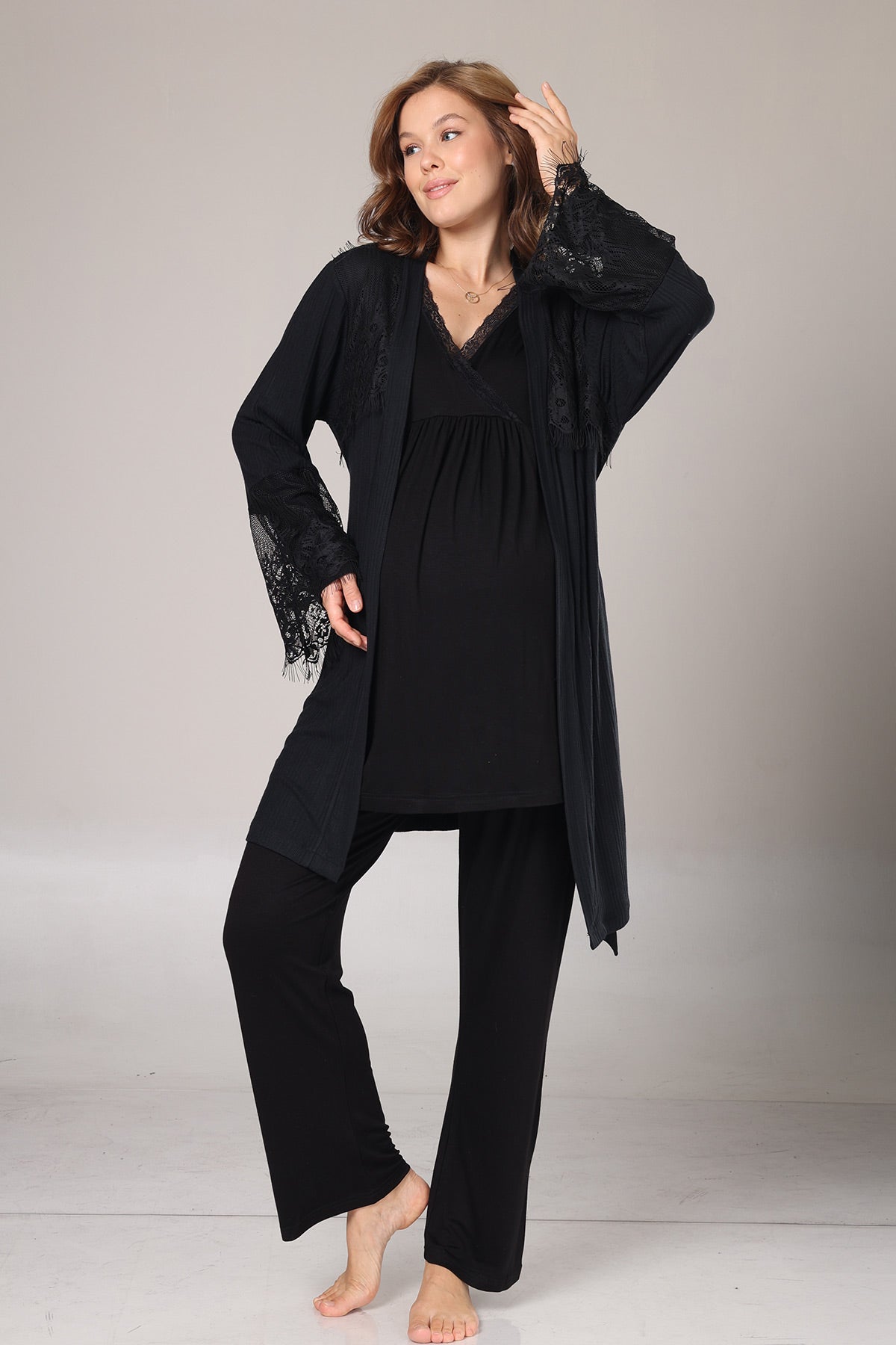 Lace Collar 3-Piece Maternity-Nursing Pajama & Lace Sleeve Robe Set Black - 1022