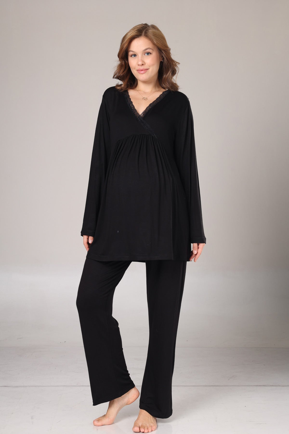 Lace Collar 3-Piece Maternity-Nursing Pajama & Lace Sleeve Robe Set Black - 1022