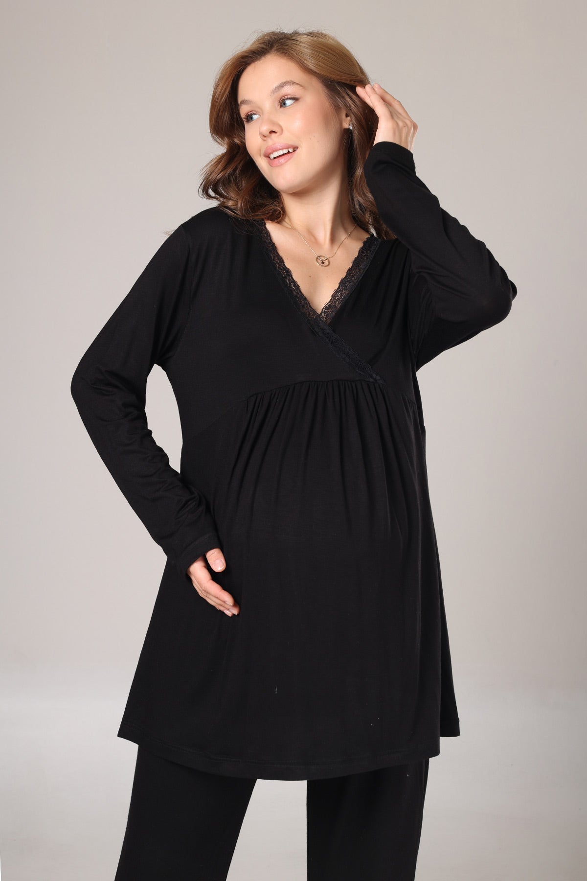 Lace Collar 3-Piece Maternity-Nursing Pajama & Lace Sleeve Robe Set Black - 1022