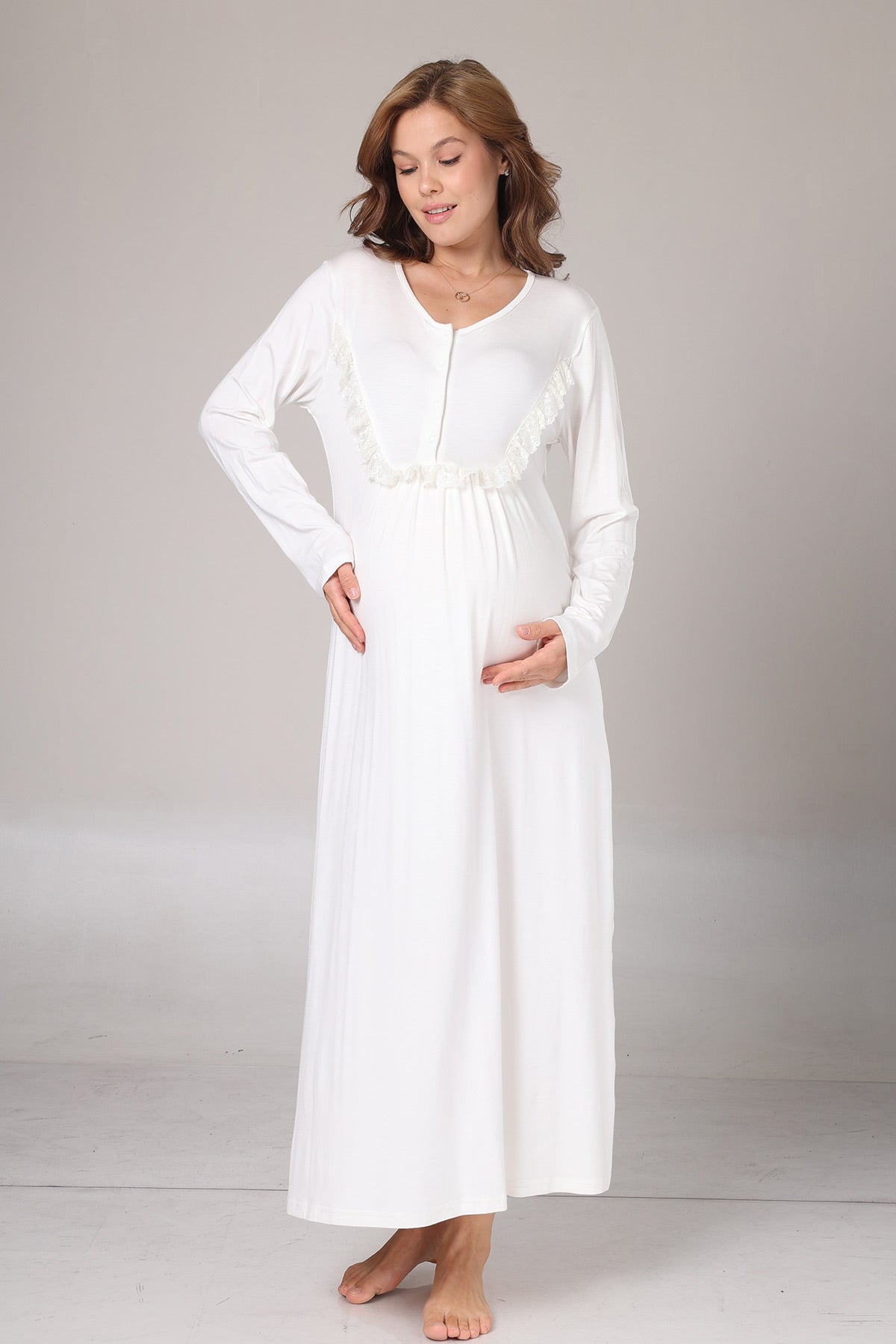 Lace Detailed Maternity-Nursing Nightgown & Jacquard Robe Set Ecru - 1023
