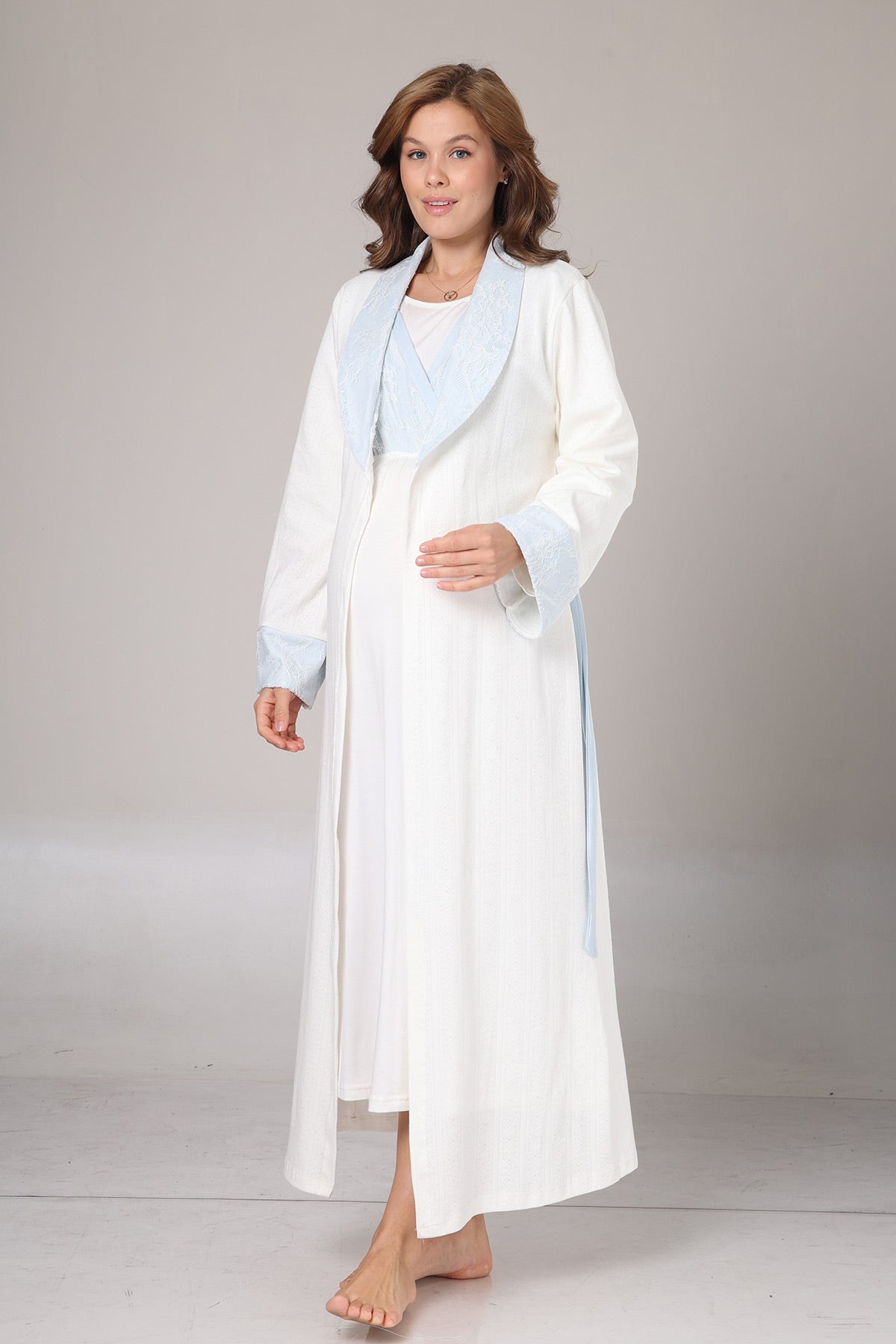 Blue Lacy Maternity-Nursing Nightgown & Jacquard Robe Set Blue - 1024