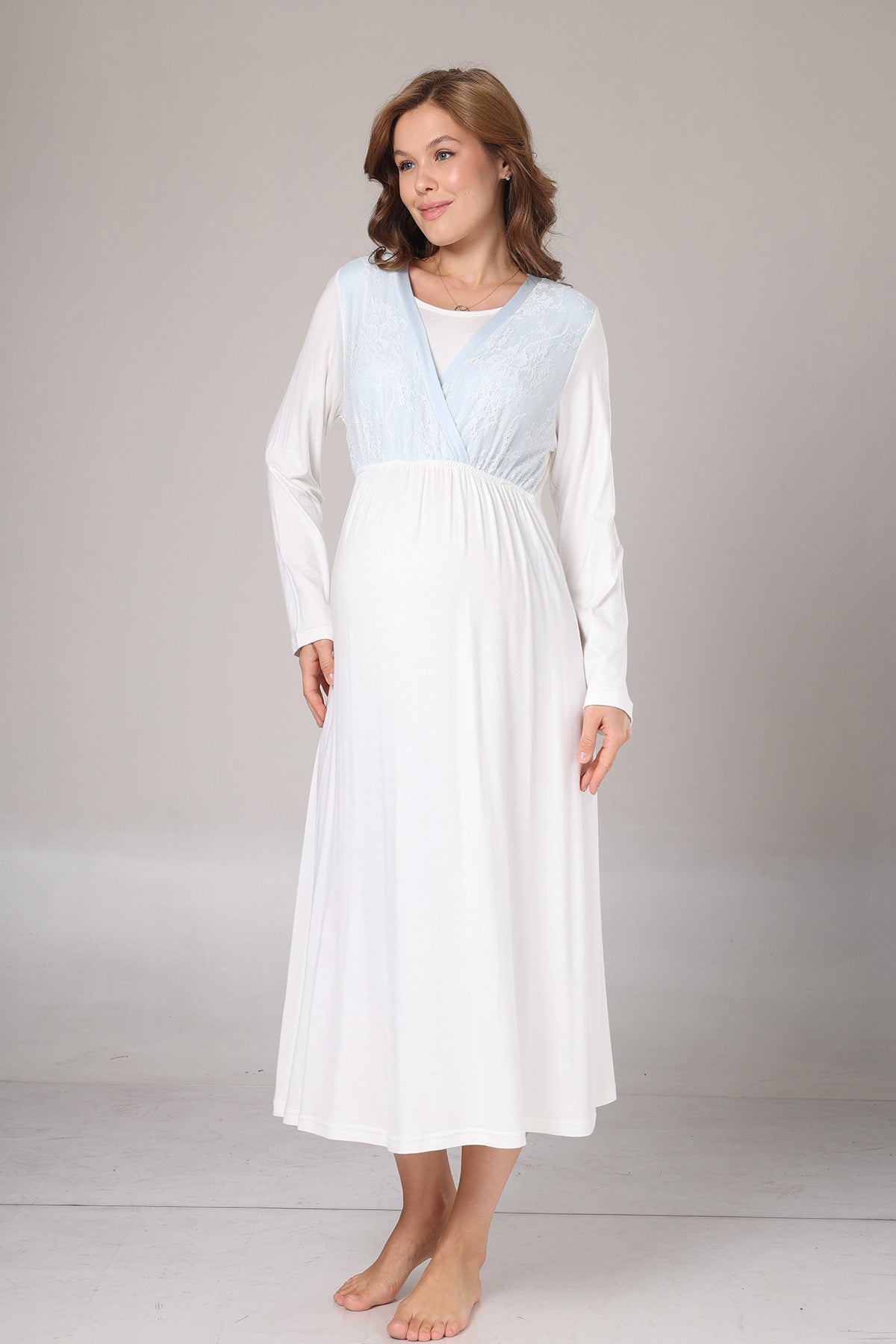 Blue Lacy Maternity-Nursing Nightgown & Jacquard Robe Set Blue - 1024