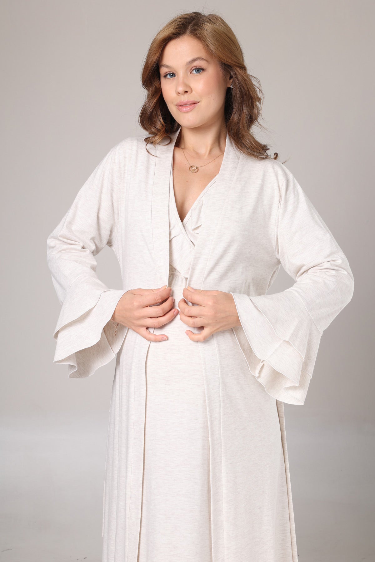 Pleated Collar Maternity-Nursing Nightgown & Flywheel Arm Robe Set Beige - 1026