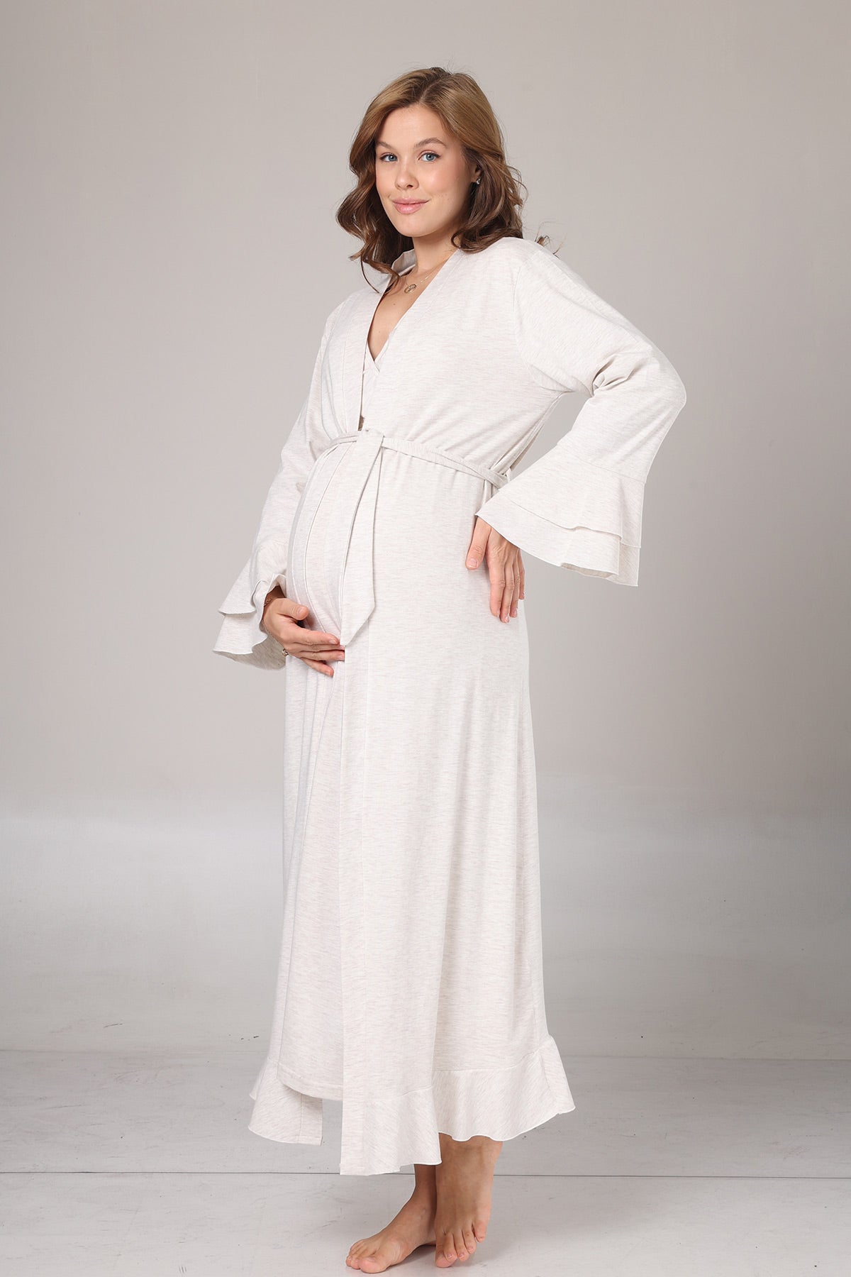 Pleated Collar Maternity-Nursing Nightgown & Flywheel Arm Robe Set Beige - 1026