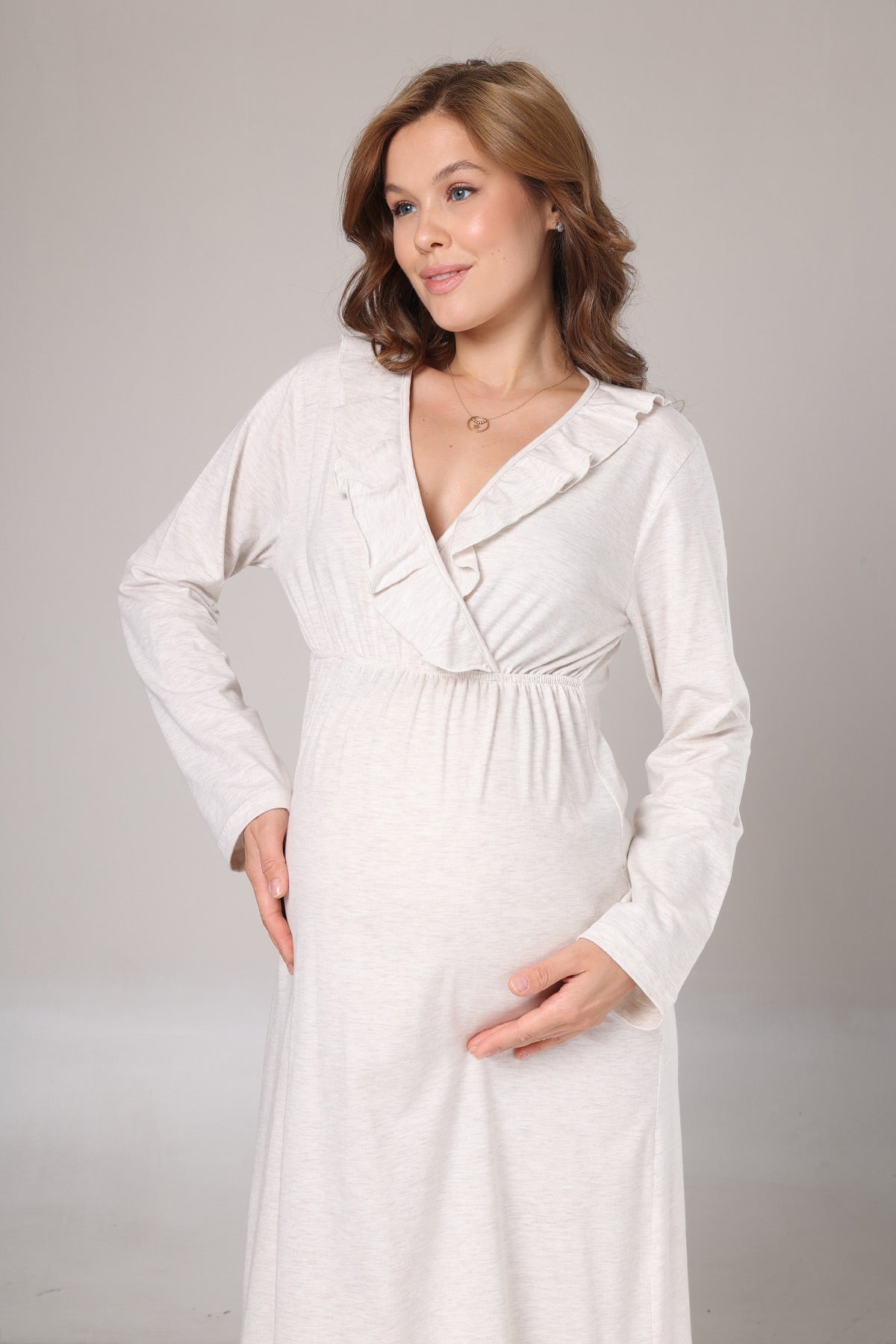 Pleated Collar Maternity-Nursing Nightgown & Flywheel Arm Robe Set Beige - 1026