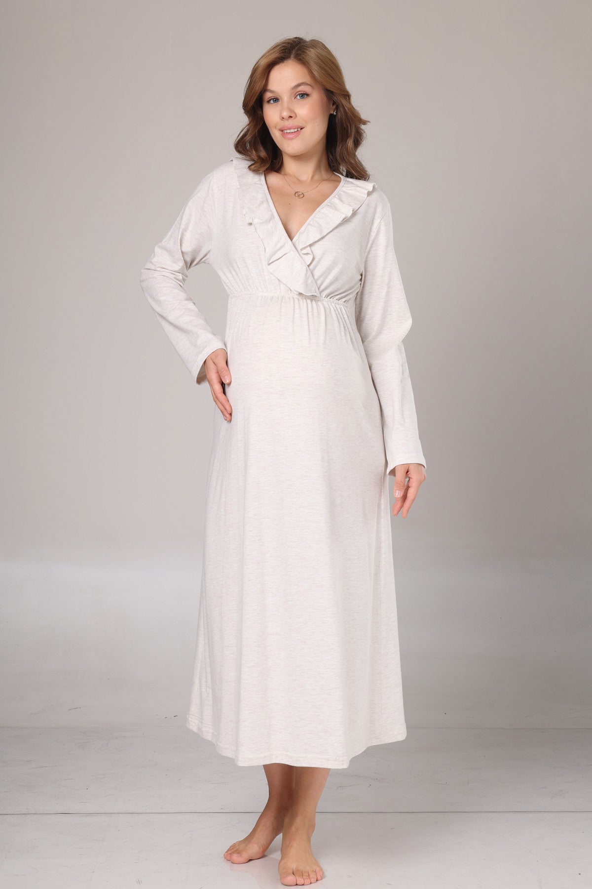 Pleated Collar Maternity-Nursing Nightgown & Flywheel Arm Robe Set Beige - 1026