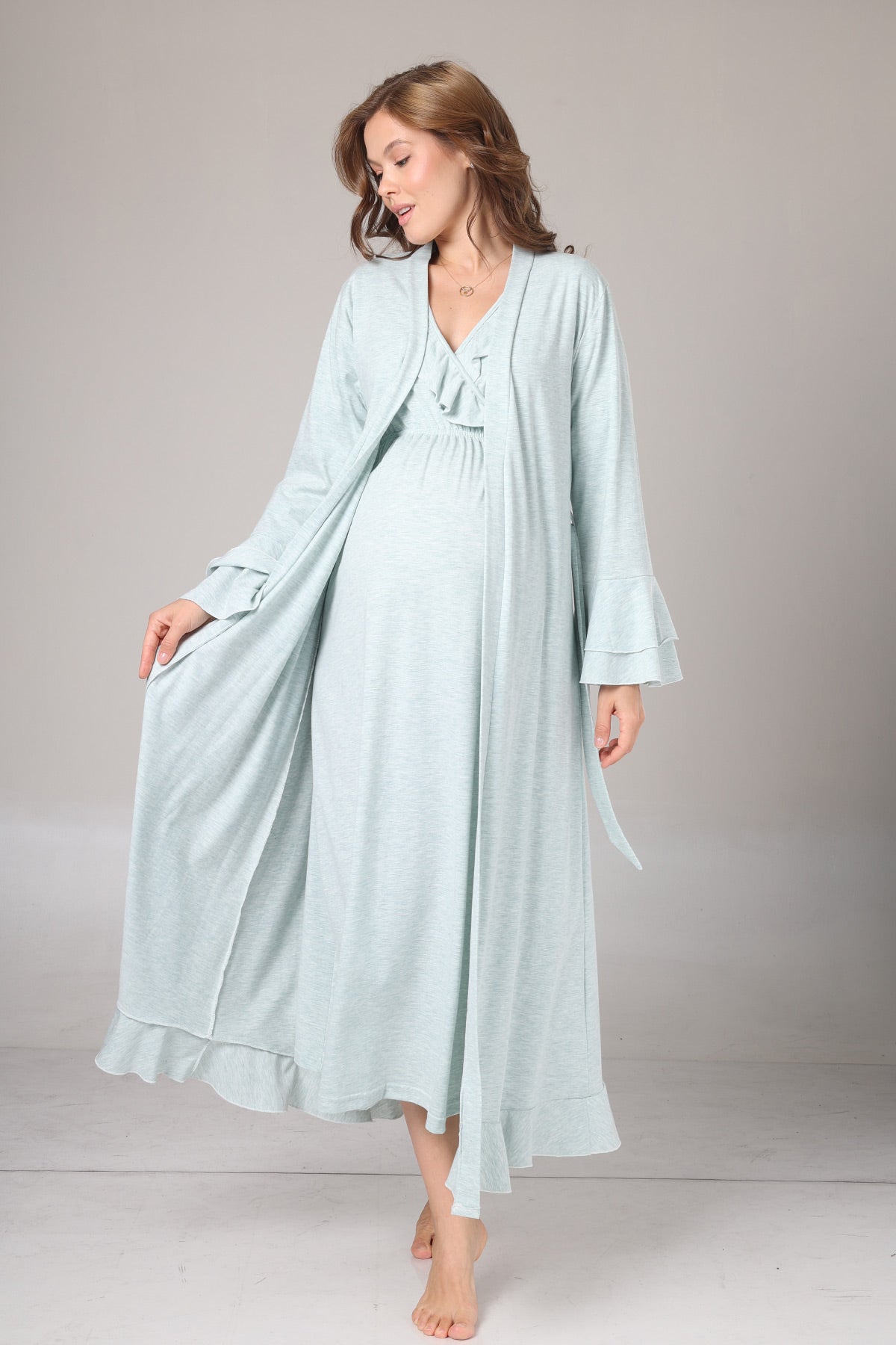 Pleated Collar Maternity-Nursing Nightgown & Flywheel Arm Robe Set Green - 1027