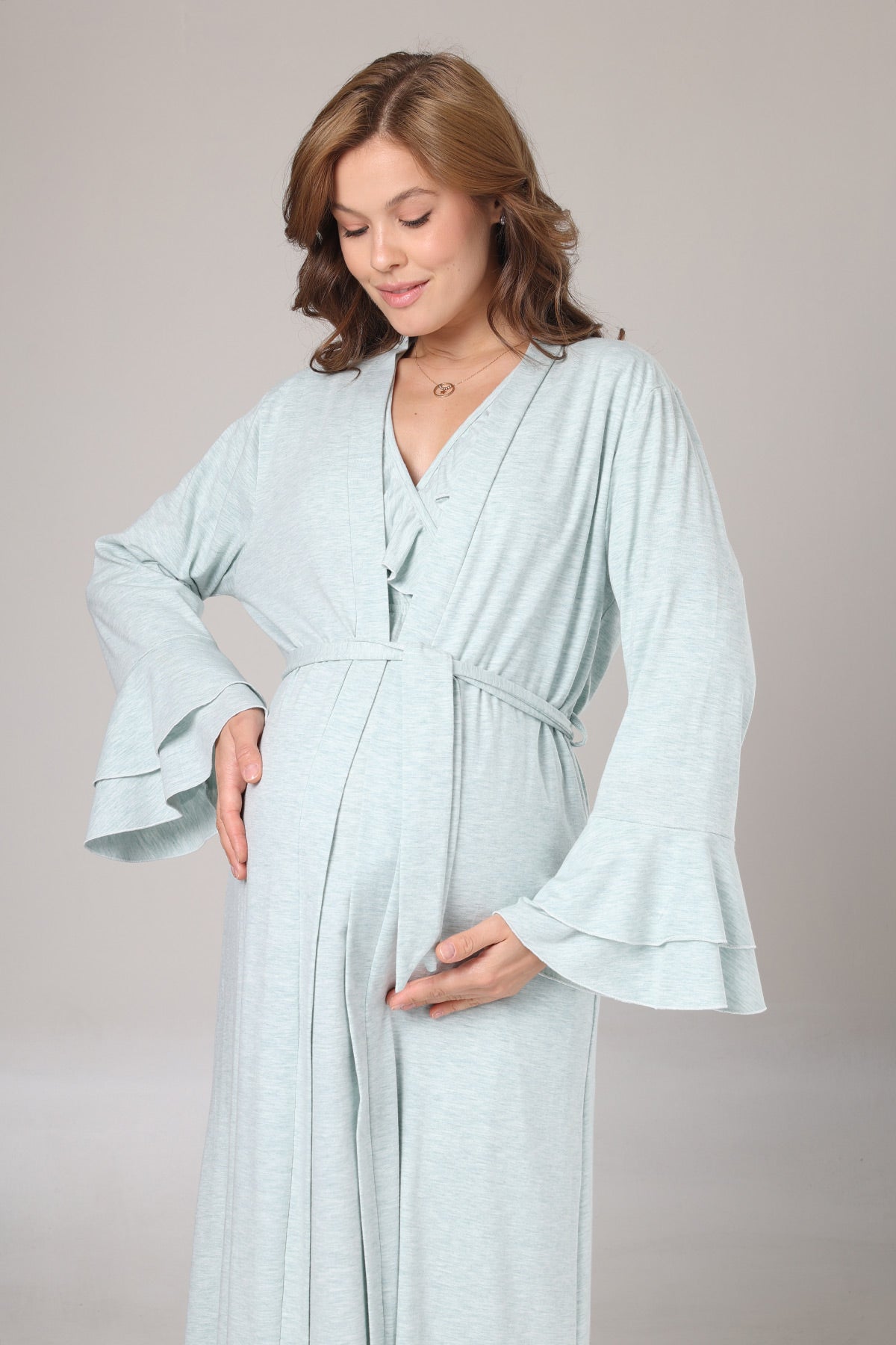 Pleated Collar Maternity-Nursing Nightgown & Flywheel Arm Robe Set Green - 1027