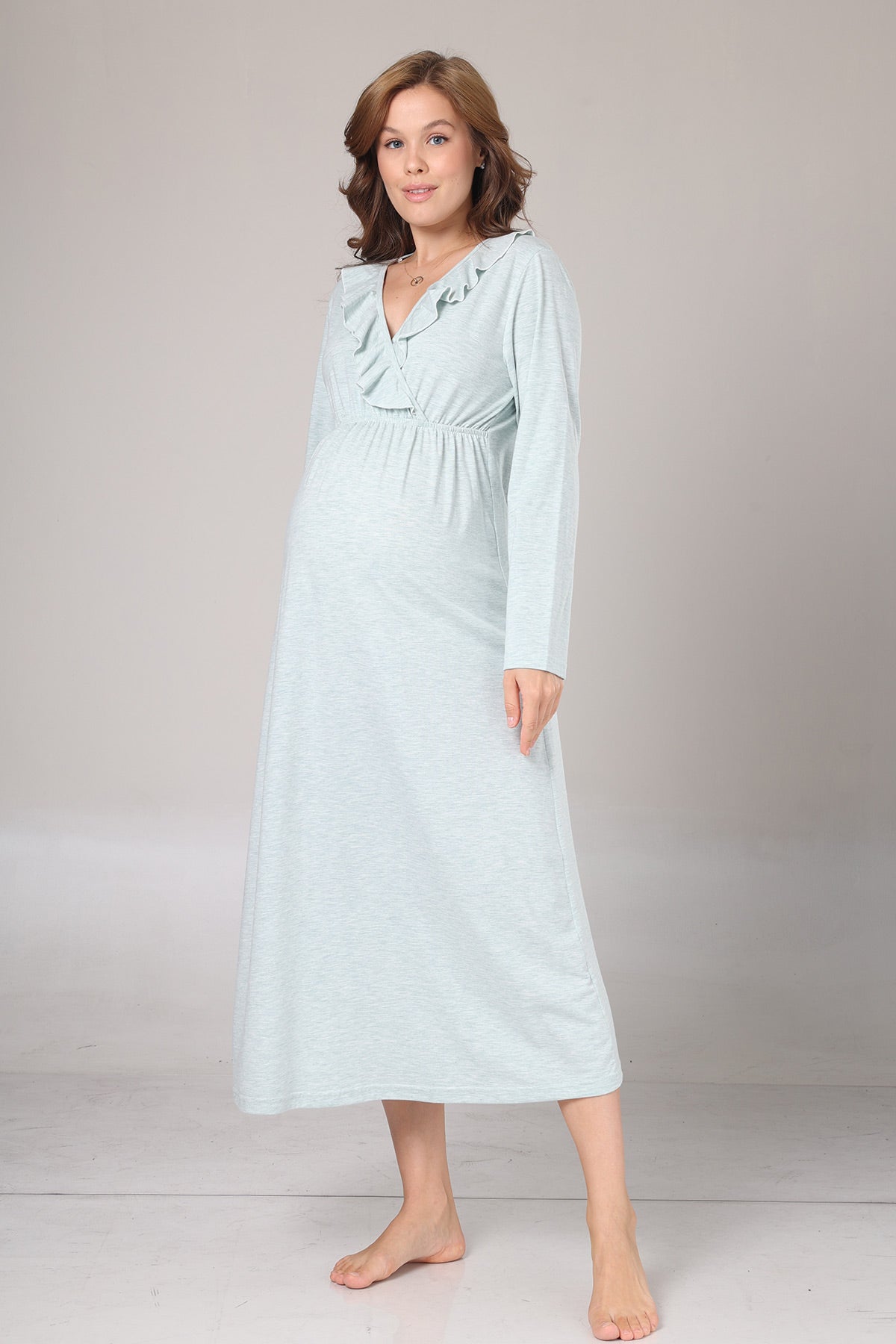 Pleated Collar Maternity-Nursing Nightgown & Flywheel Arm Robe Set Green - 1027