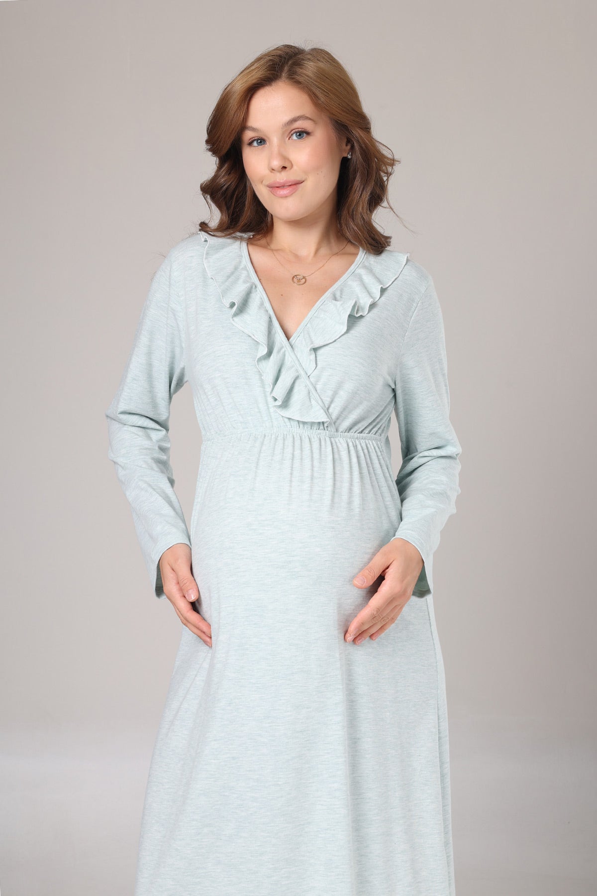 Pleated Collar Maternity-Nursing Nightgown & Flywheel Arm Robe Set Green - 1027