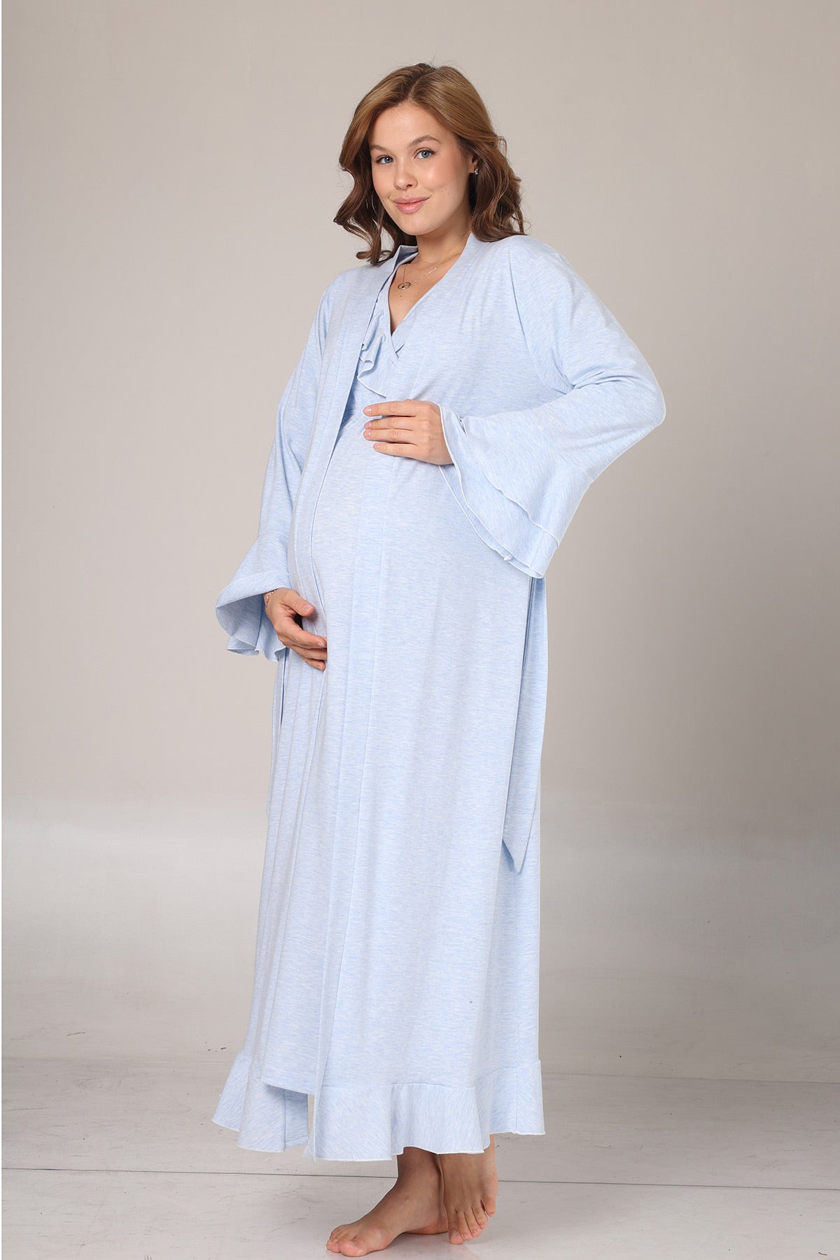 Pleated Collar Maternity-Nursing Nightgown & Flywheel Arm Robe Set Blue - 1029