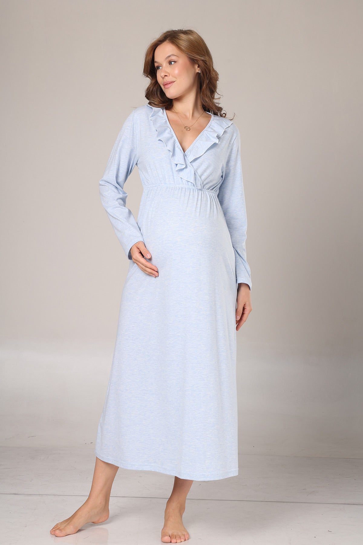Pleated Collar Maternity-Nursing Nightgown & Flywheel Arm Robe Set Blue - 1029