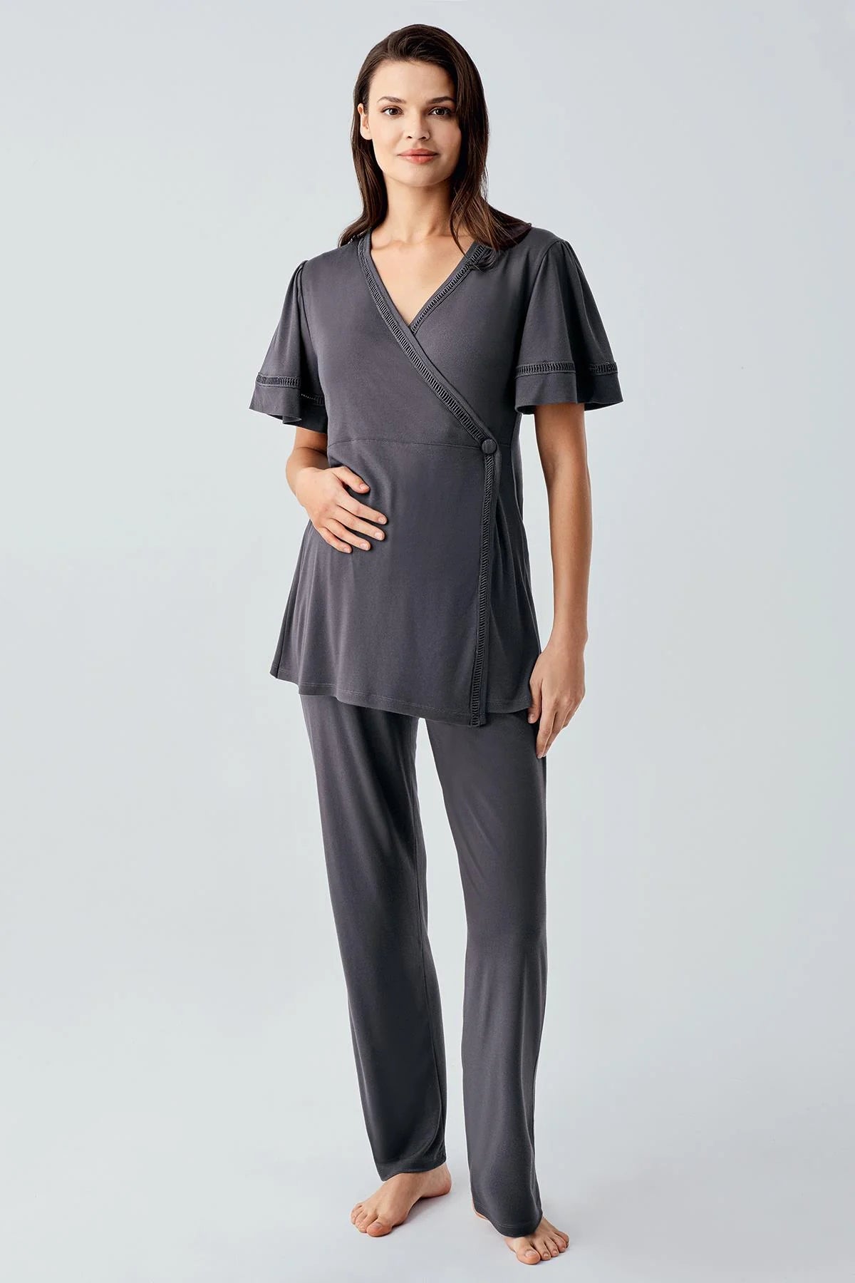 Double Breasted 3-Piece Maternity-Nursing Pajama & Robe Set Anthracite - 10302