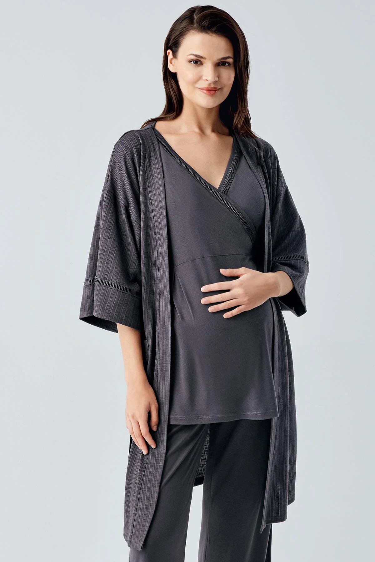 Double Breasted 3-Piece Maternity-Nursing Pajama & Robe Set Anthracite - 10302