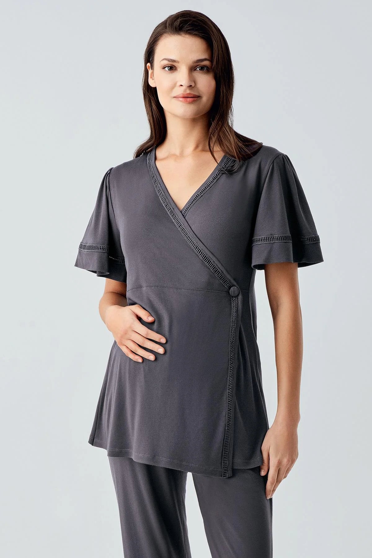 Double Breasted 3-Piece Maternity-Nursing Pajama & Robe Set Anthracite - 10302
