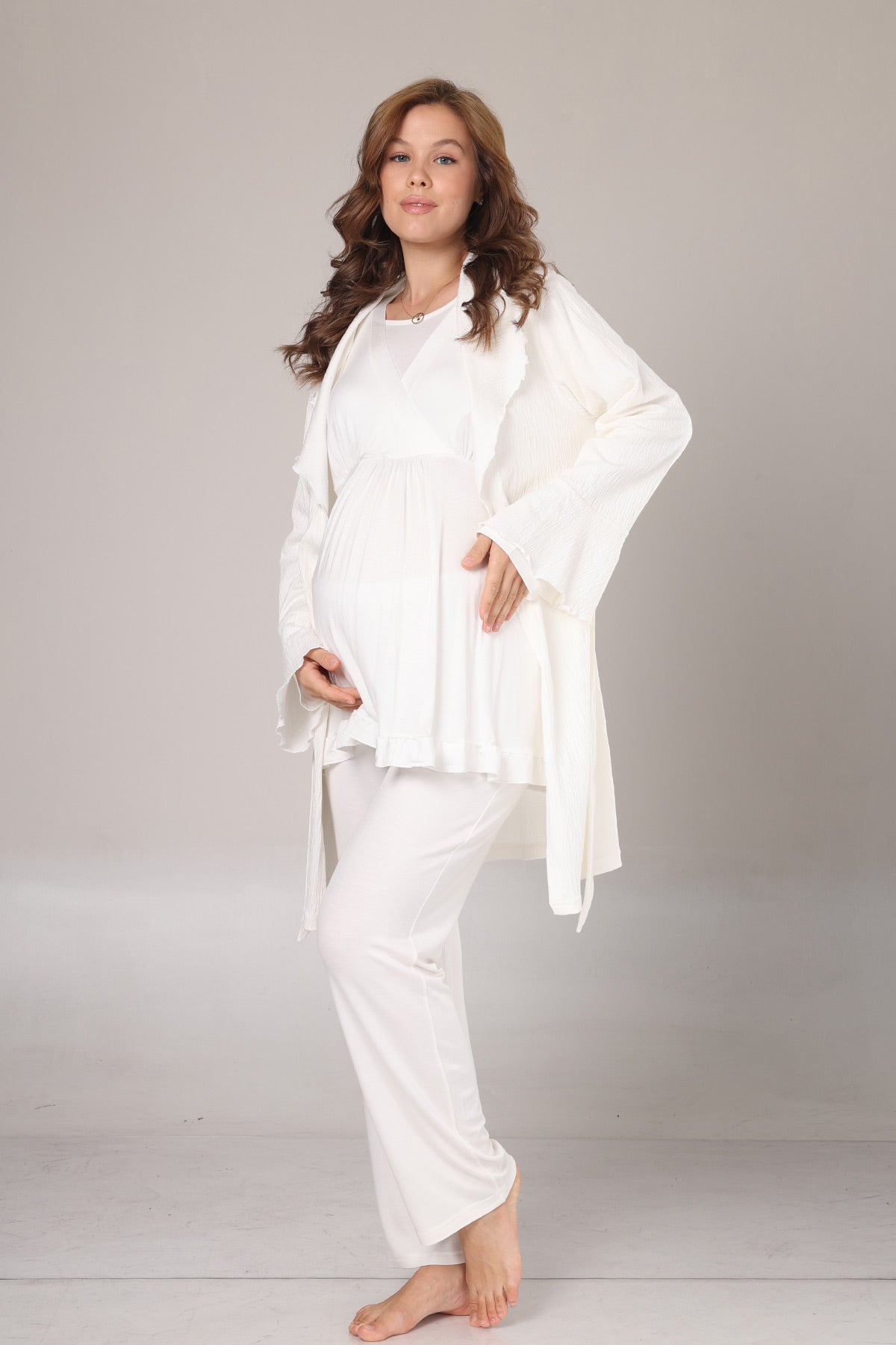 Double Breasted 3-Piece Maternity-Nursing Pajama & Jacquard Robe Set Ecru - 1030