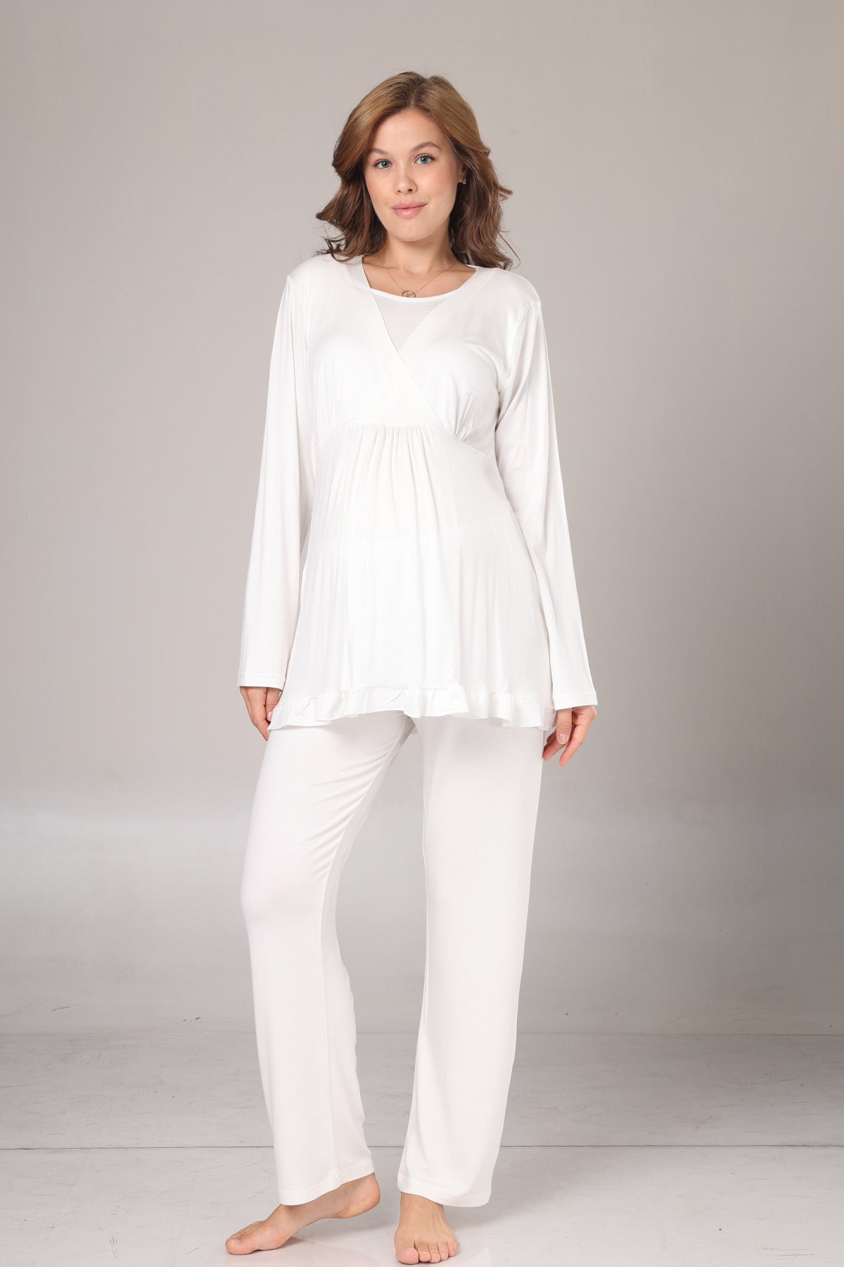 Double Breasted 3-Piece Maternity-Nursing Pajama & Jacquard Robe Set Ecru - 1030