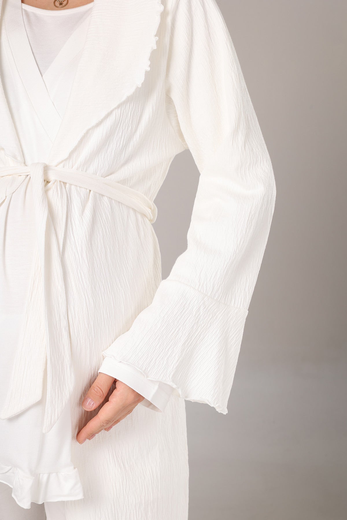 Double Breasted 3-Piece Maternity-Nursing Pajama & Jacquard Robe Set Ecru - 1030