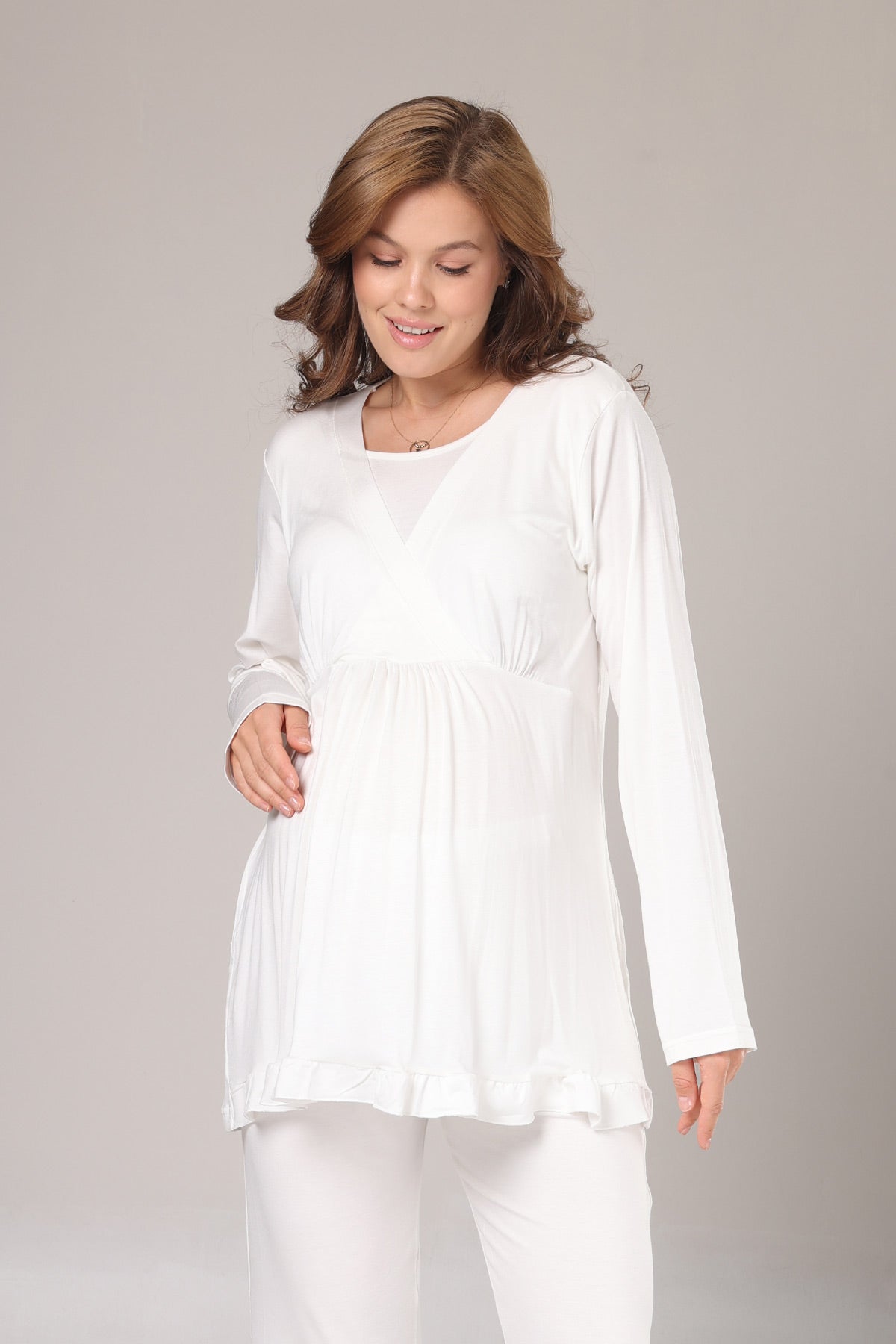 Double Breasted 3-Piece Maternity-Nursing Pajama & Jacquard Robe Set Ecru - 1030