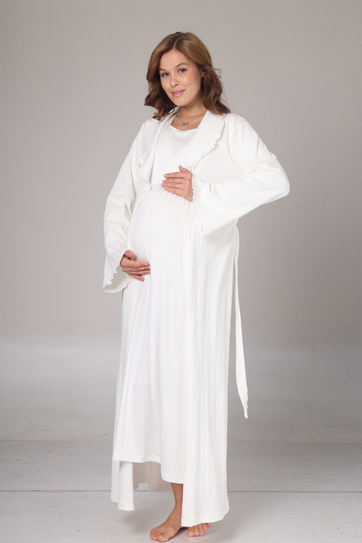 Double Breasted Maternity-Nursing Nightgown & Jacquard Robe Set Ecru - 1031