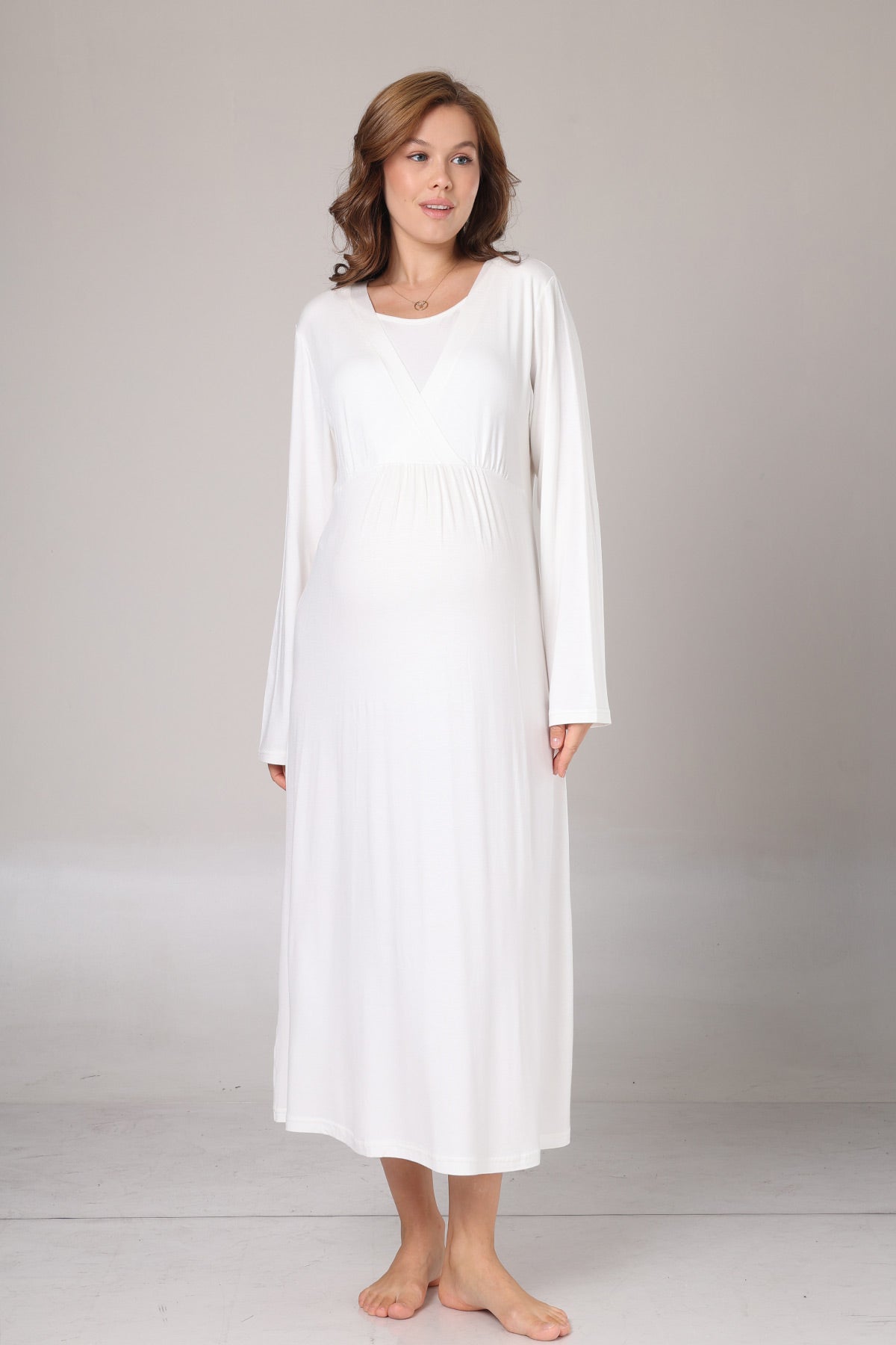 Double Breasted Maternity-Nursing Nightgown & Jacquard Robe Set Ecru - 1031