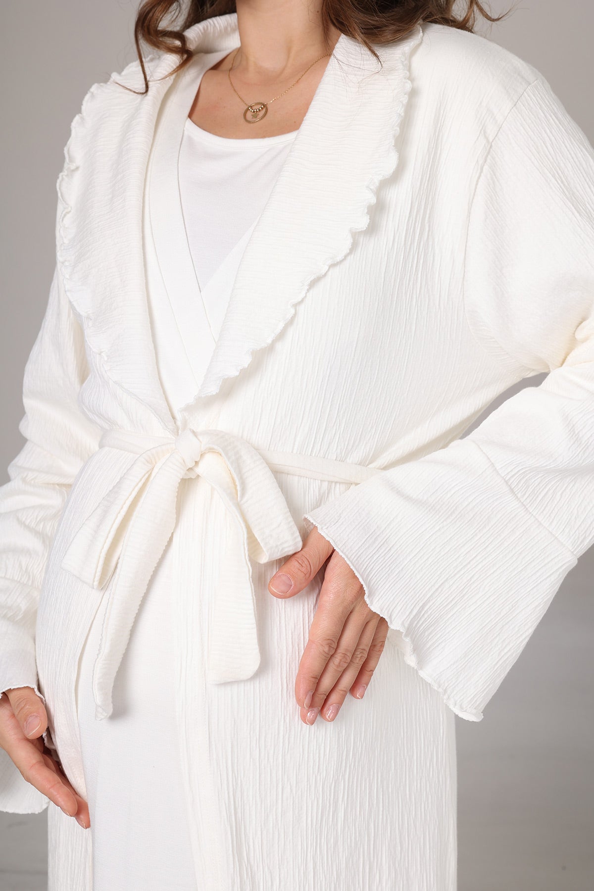 Double Breasted Maternity-Nursing Nightgown & Jacquard Robe Set Ecru - 1031