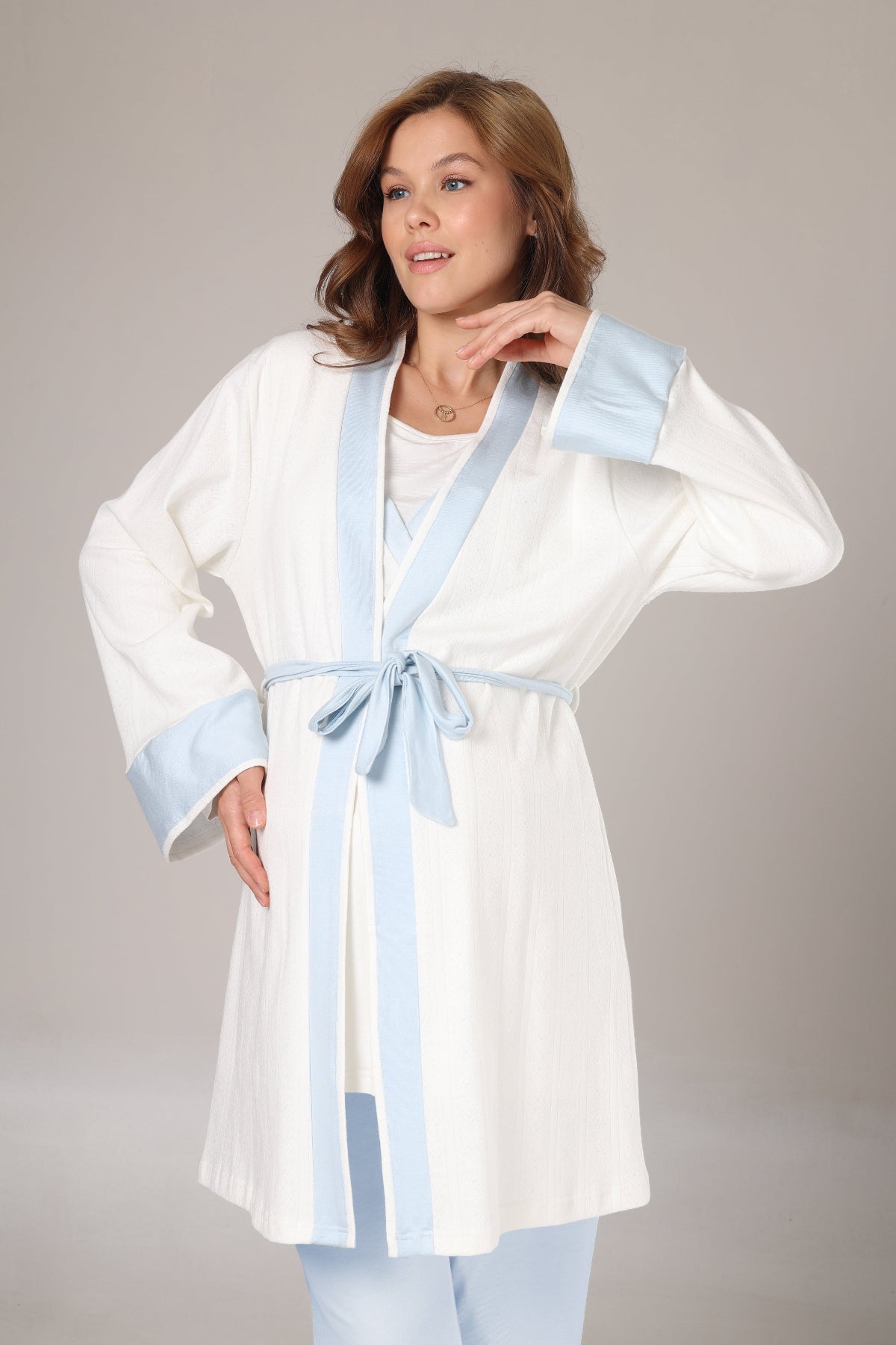 Blue Bias 3-Piece Maternity-Nursing Pajama & Robe Set Blue - 1033