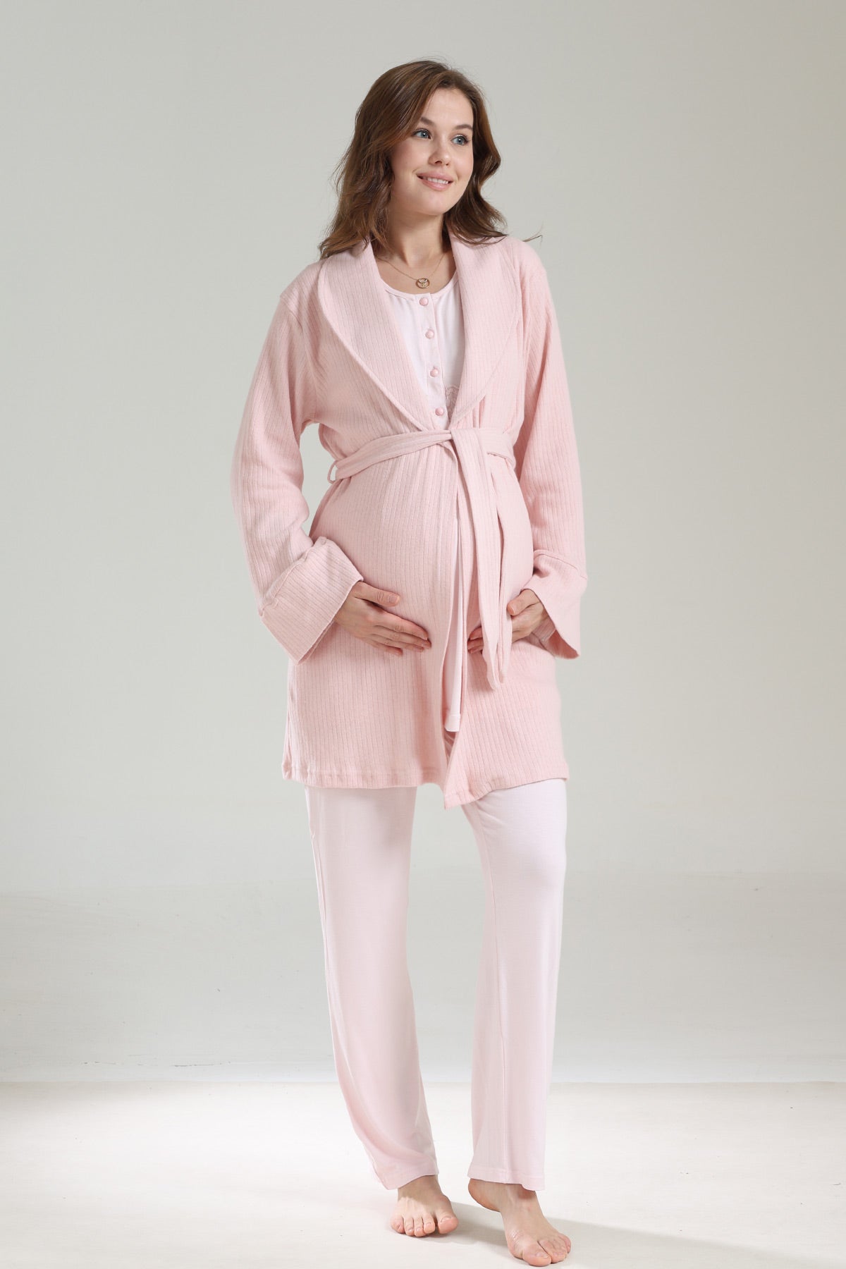 Lacy Panel 3-Piece Maternity-Nursing Pajama & Ribbed Camisole Robe Set Pink - 1036