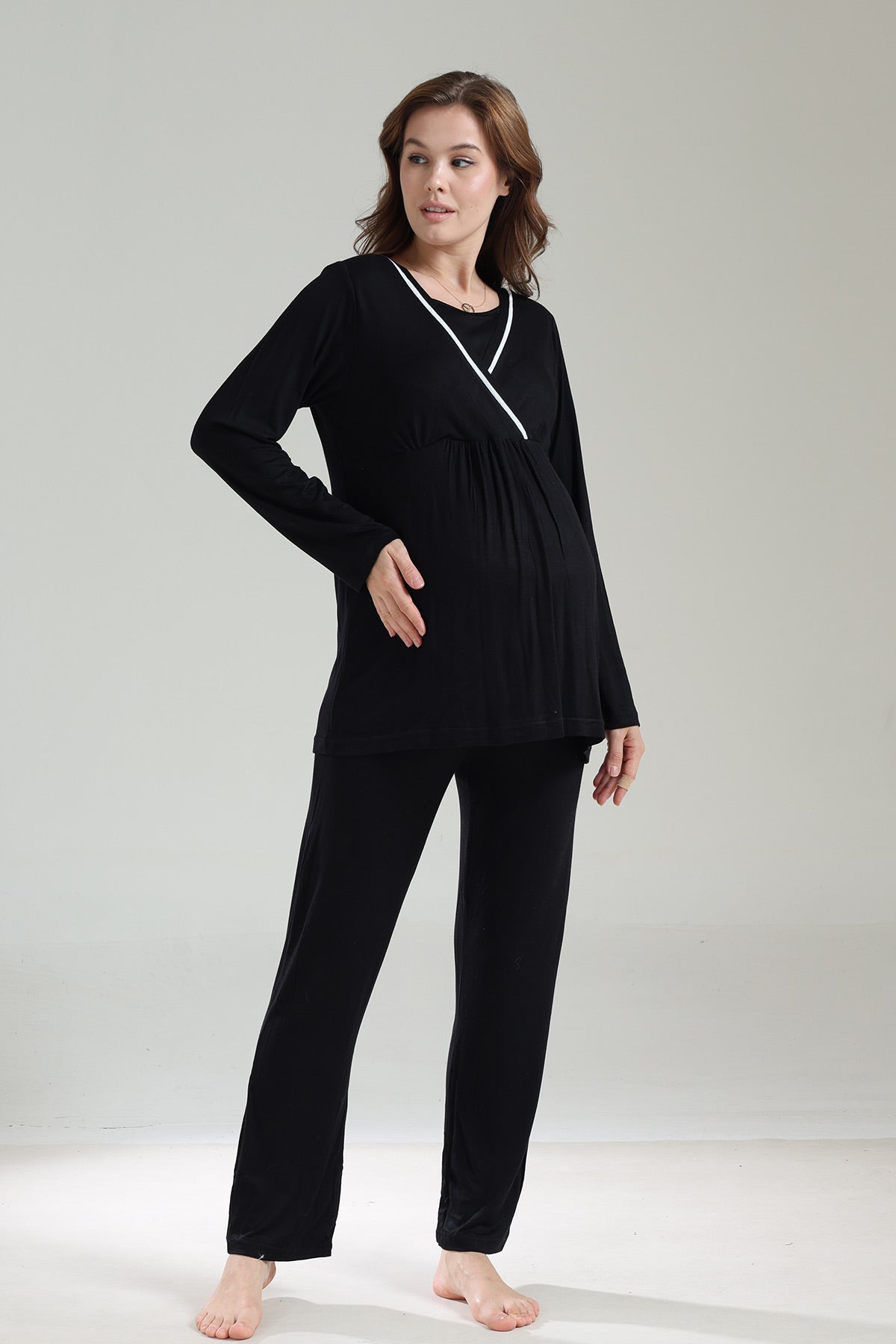 Striped Double Breasted 3-Piece Maternity-Nursing Pajama & Robe Set Black - 1040