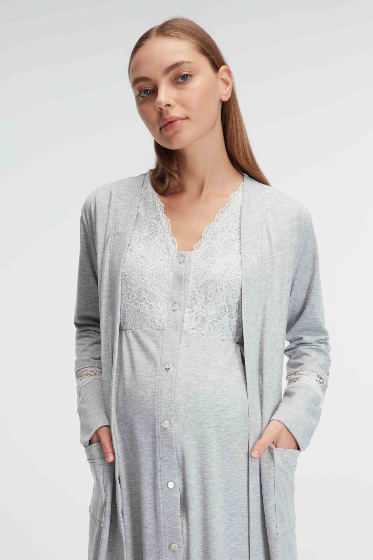 Lace Collar Maternity-Nursing Nightgown & Robe Set Grey - 11309