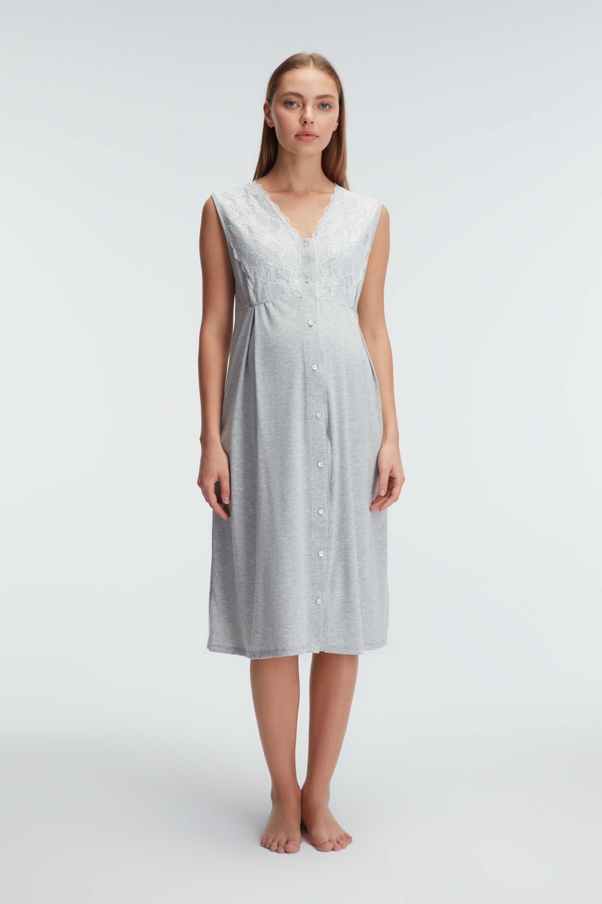 Lace Collar Maternity-Nursing Nightgown & Robe Set Grey - 11309