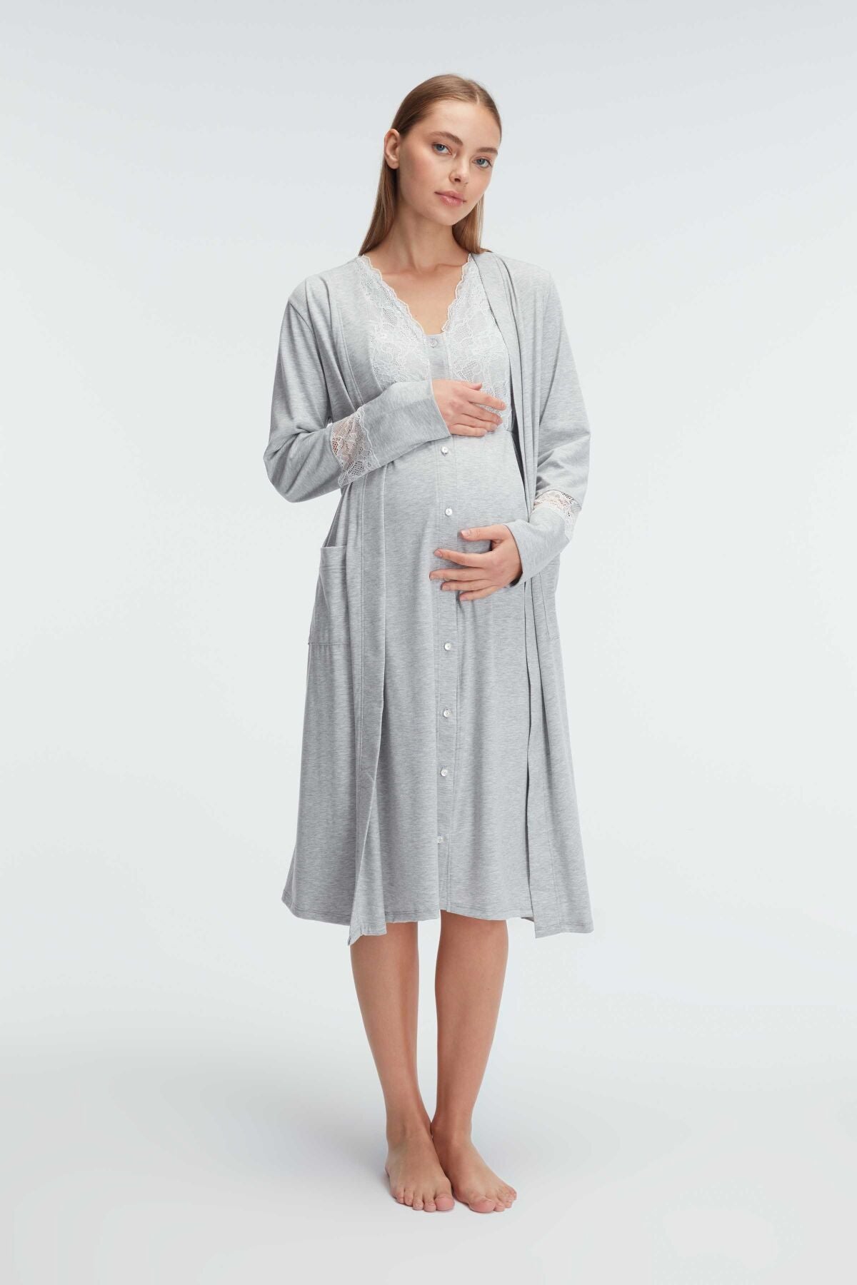 Lace Collar Maternity-Nursing Nightgown & Robe Set Grey - 11309