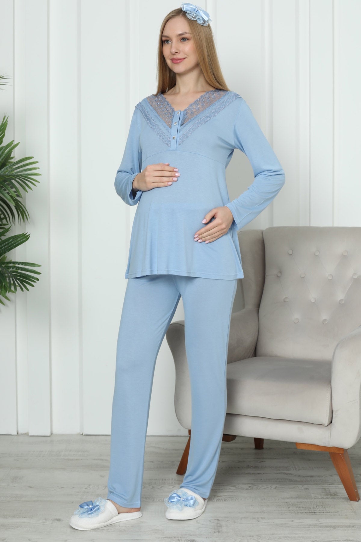 Lace Collar Maternity & Nursing Pajama Set Blue - 1169