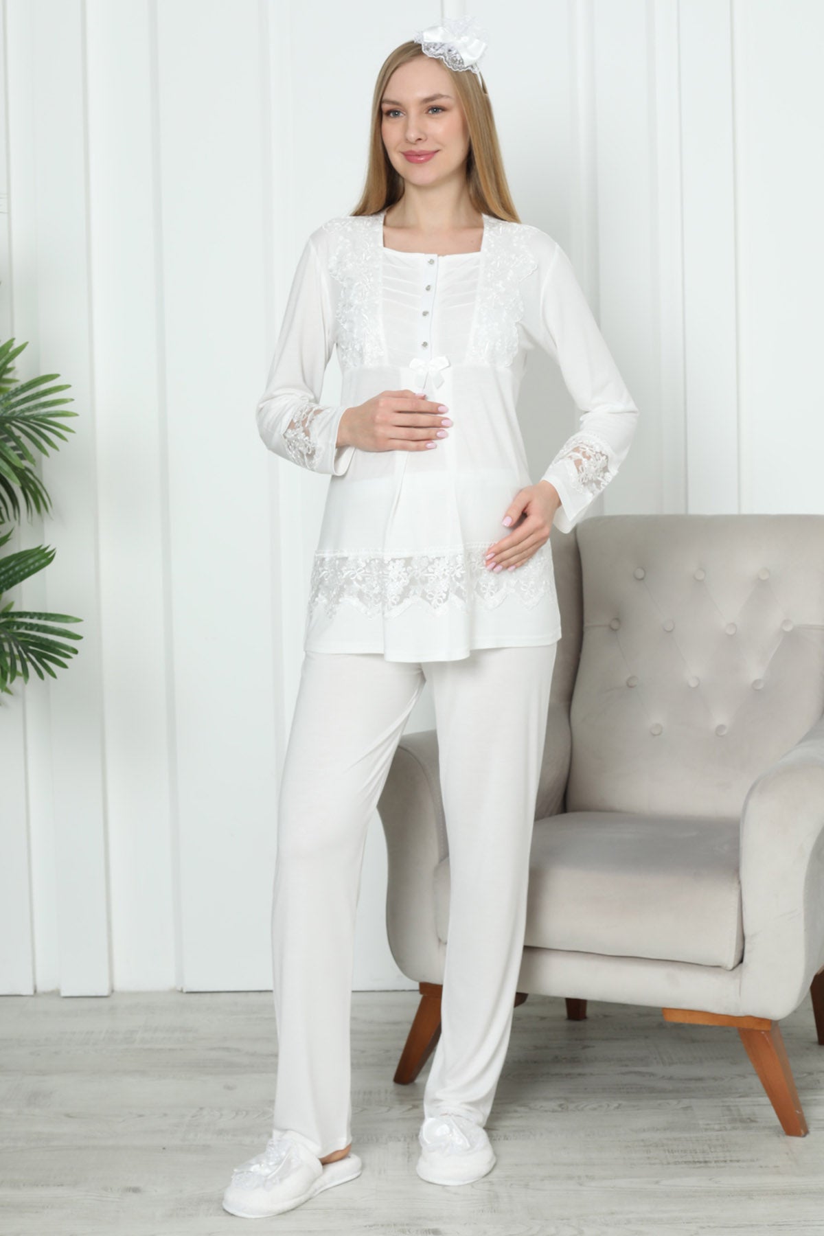 Lace Detailed Maternity & Nursing Pajama Set Ecru - 1171