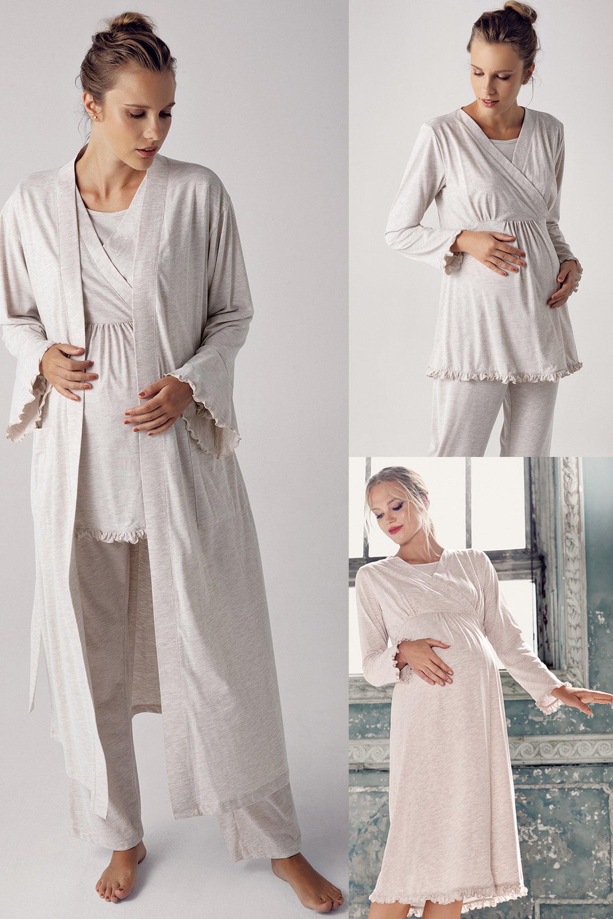 Double Breasted 4-Piece Maternity-Nursing Set Beige - 300112