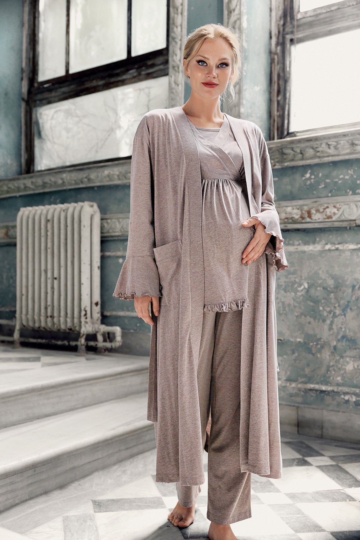 Double Breasted 3-Pieces Maternity & Nursing Pajamas With Robe Coffee - 13300