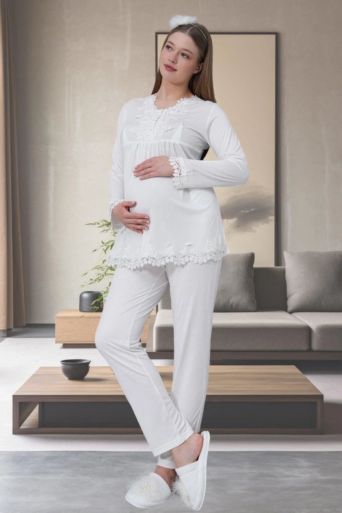 Lace Detailed 4-Piece Maternity-Nursing Set Ecru - 1519