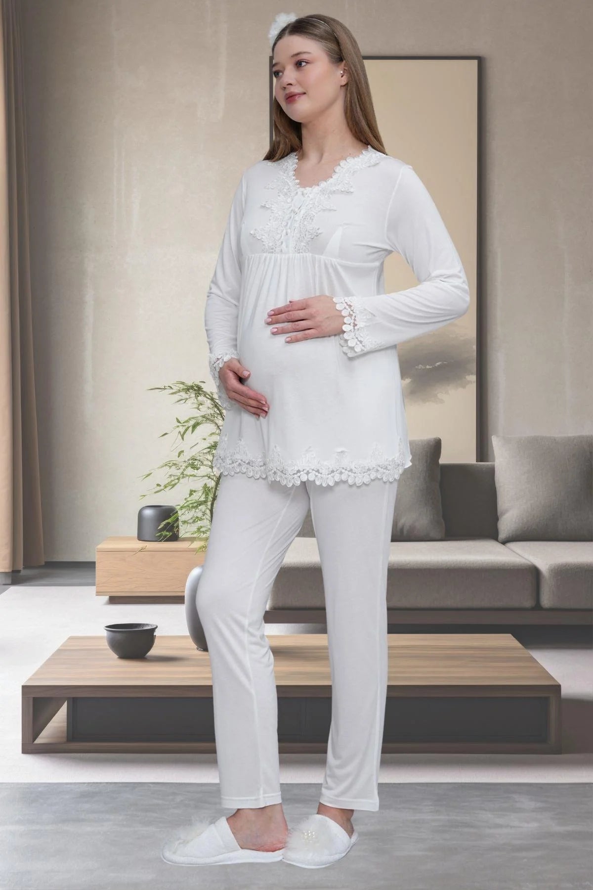 Lace Detailed Maternity & Nursing Pajama Set Ecru - 1501