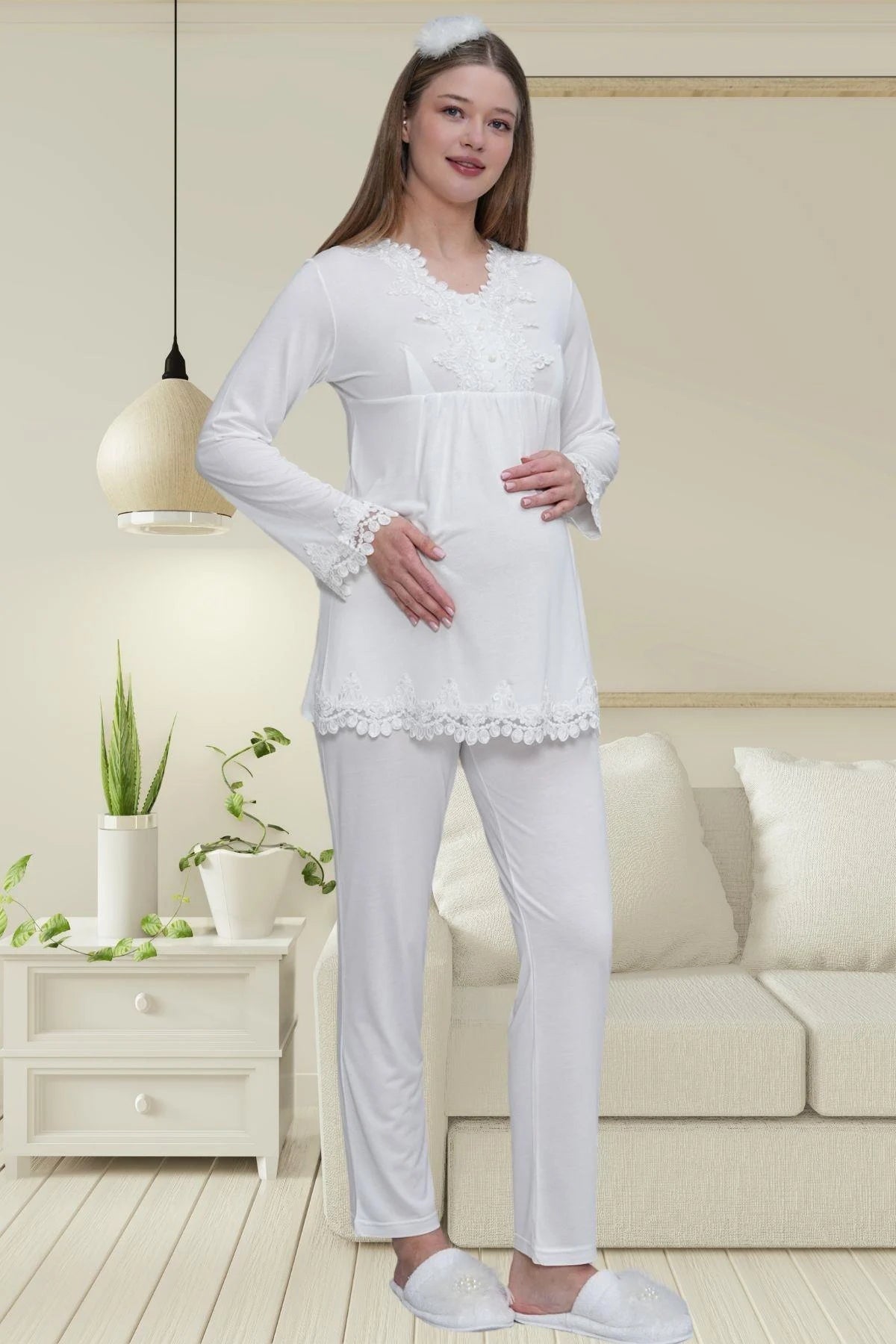Lace Detailed Maternity & Nursing Pajama Set Ecru - 1501