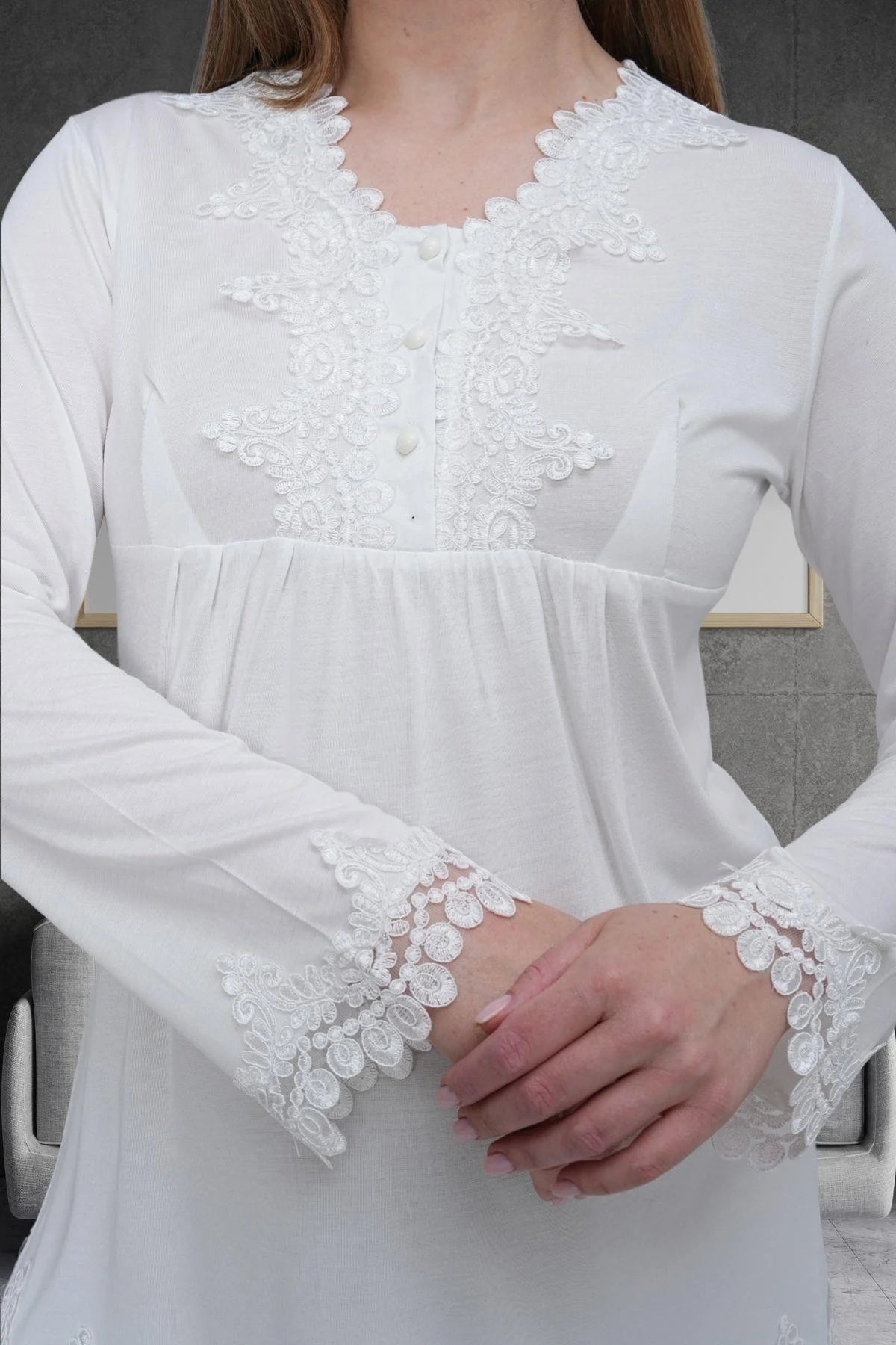 Lace Detailed 3-Piece Maternity-Nursing Pajama & Robe Set Ecru - 1517