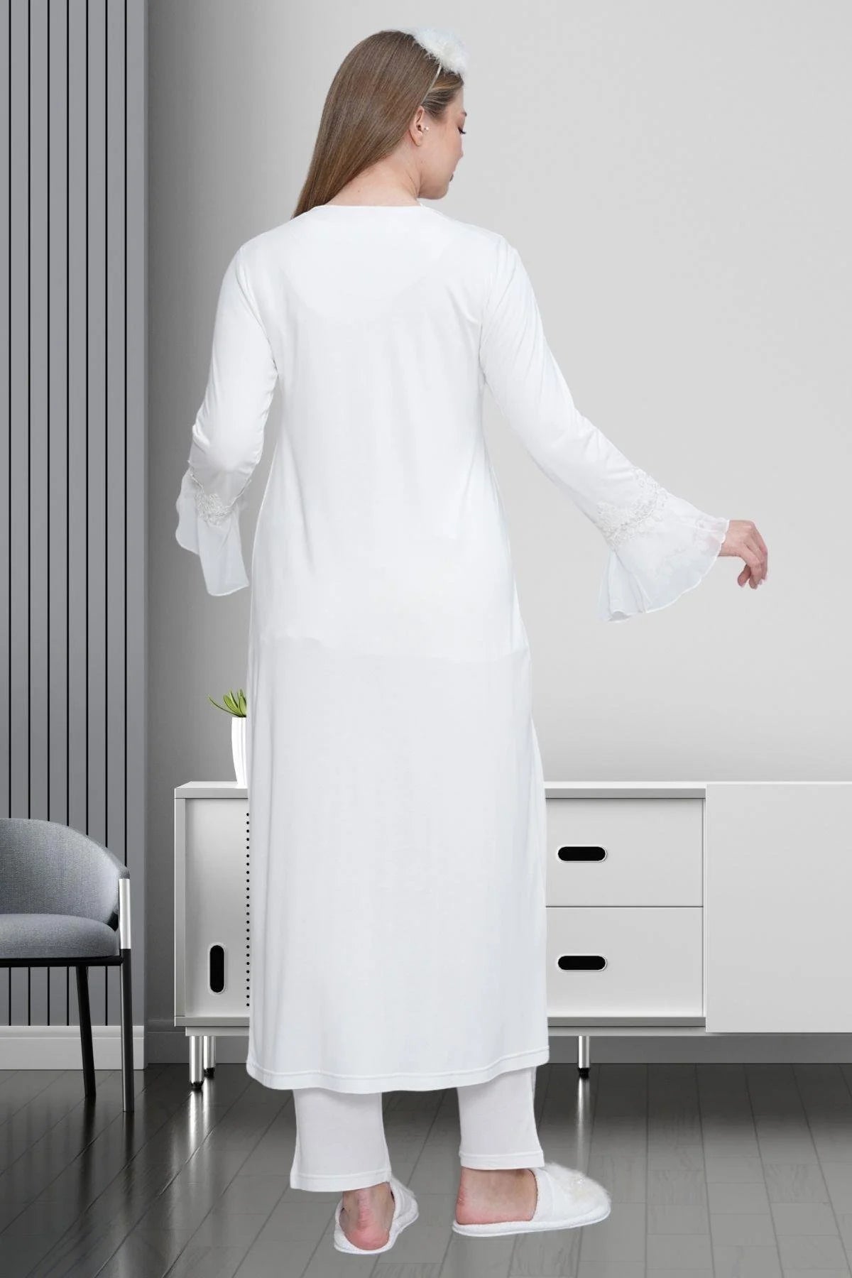 Lace Detailed 3-Piece Maternity-Nursing Pajama & Robe Set Ecru - 1517