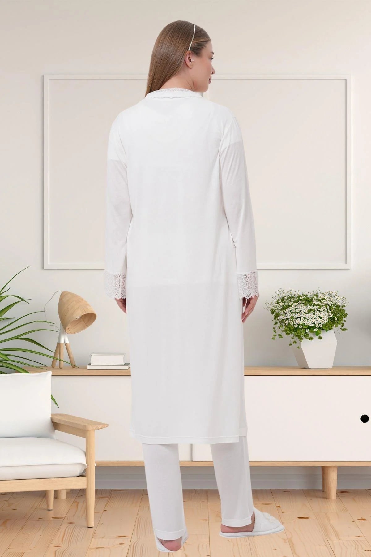 Delicate Lace Collar 3-Piece Maternity-Nursing Pajama & Robe Set Ecru - 1541