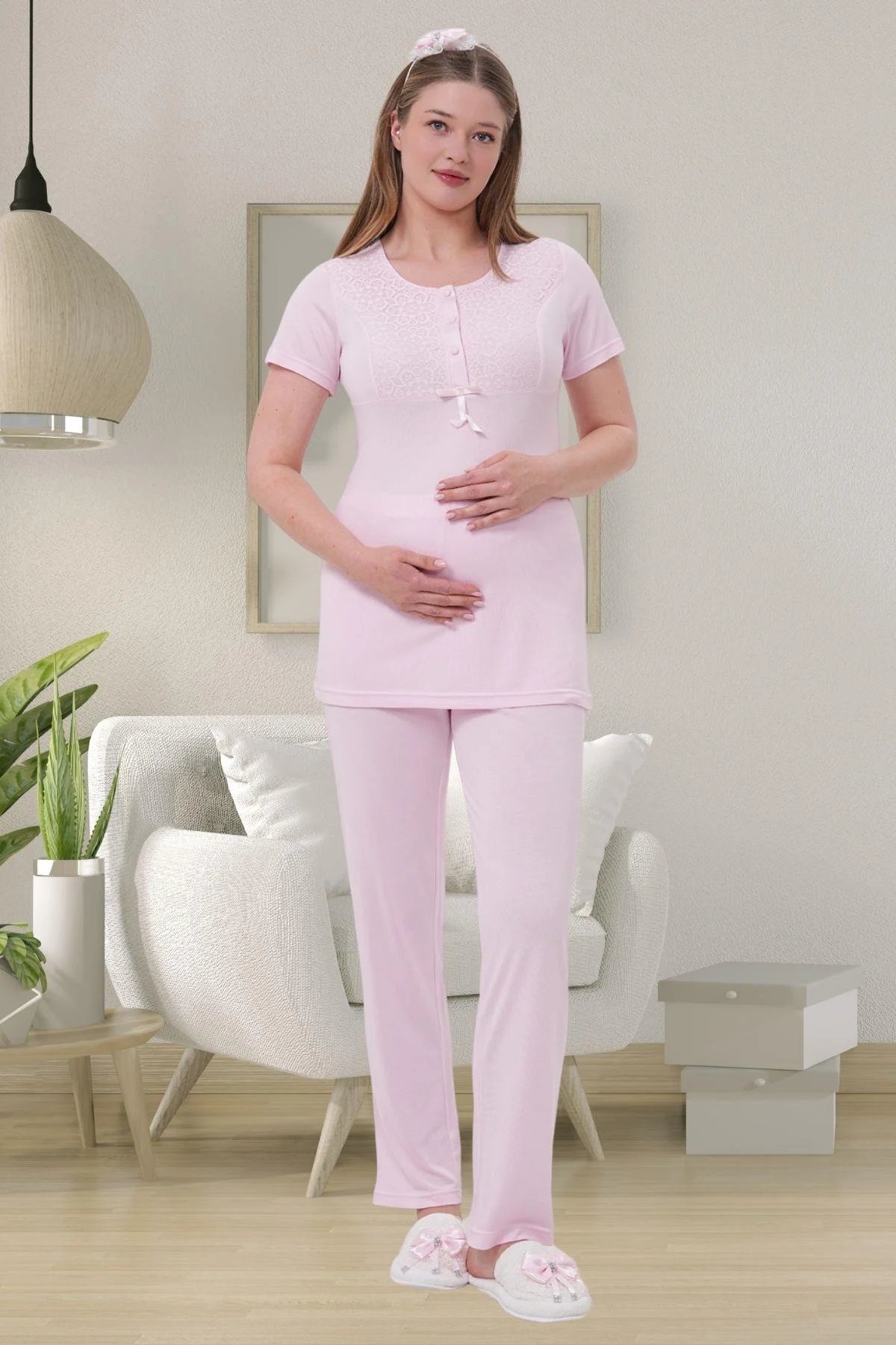 Delicate Lace Collar 3-Piece Maternity-Nursing Pajama & Robe Set Pink - 1541
